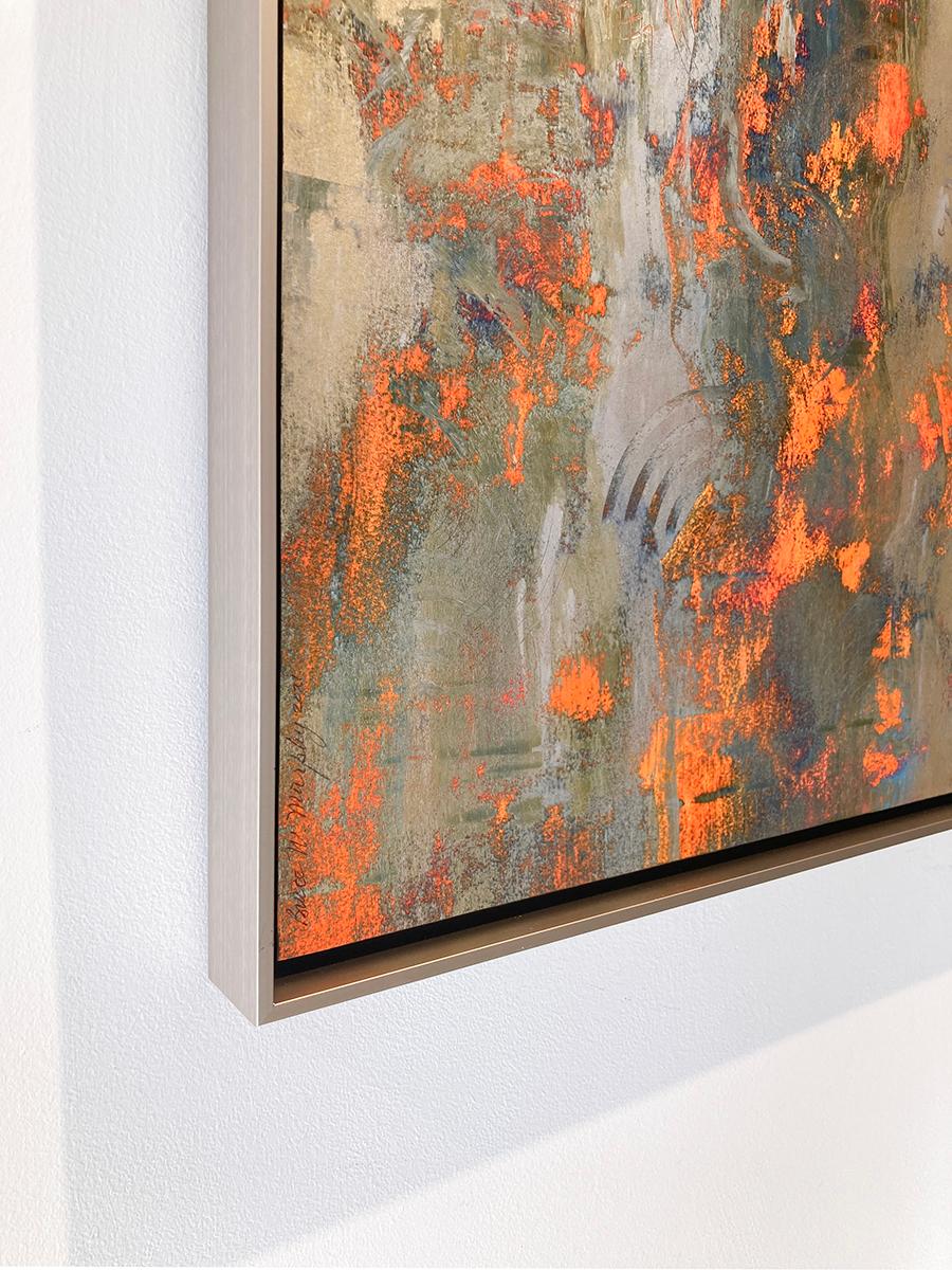 Fall's Symphony: Silver & Gold Abstract Expressionist Painting with Orange For Sale 1