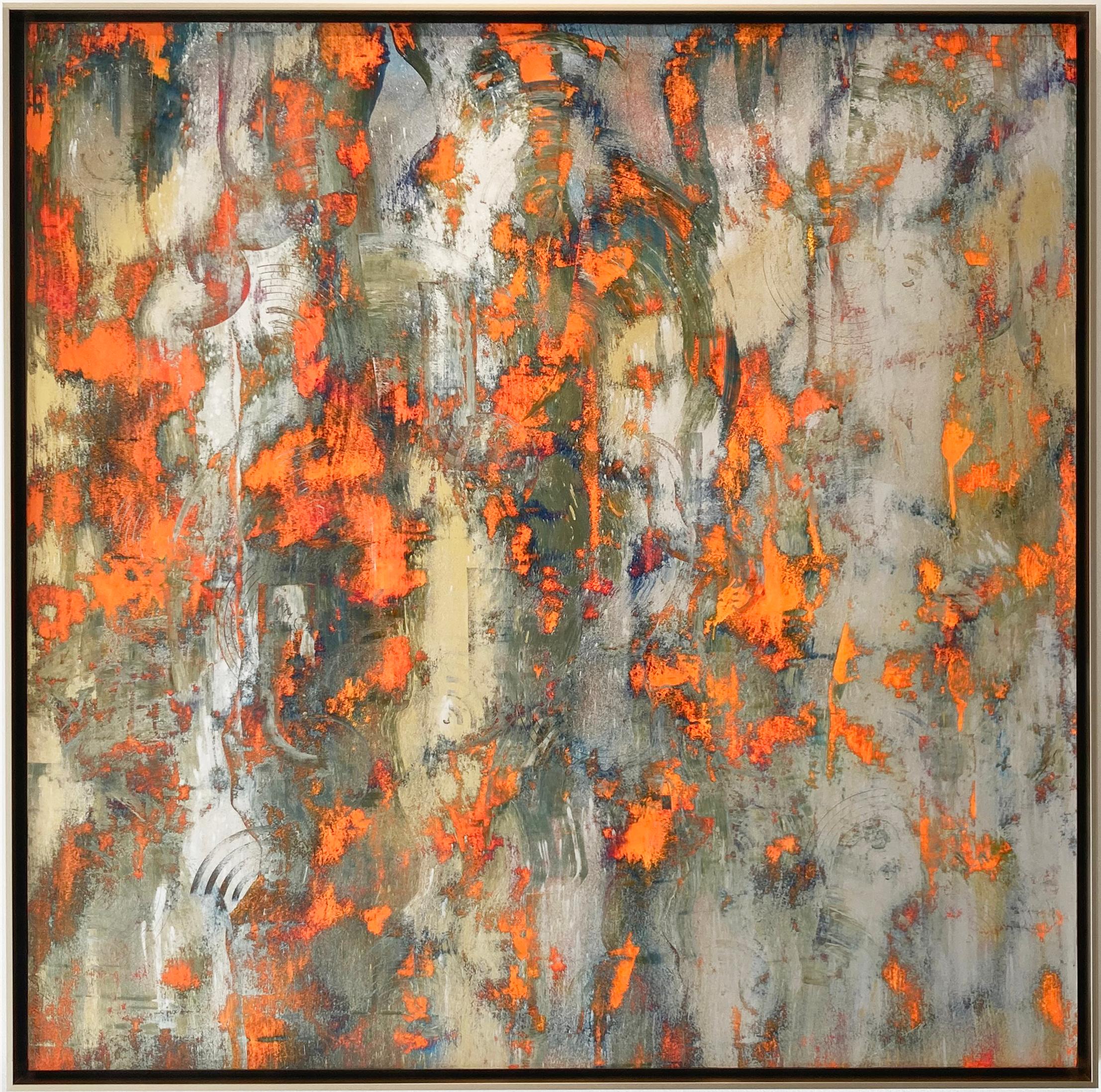 Bruce Murphy Abstract Drawing - Fall's Symphony: Silver & Gold Abstract Expressionist Painting with Orange