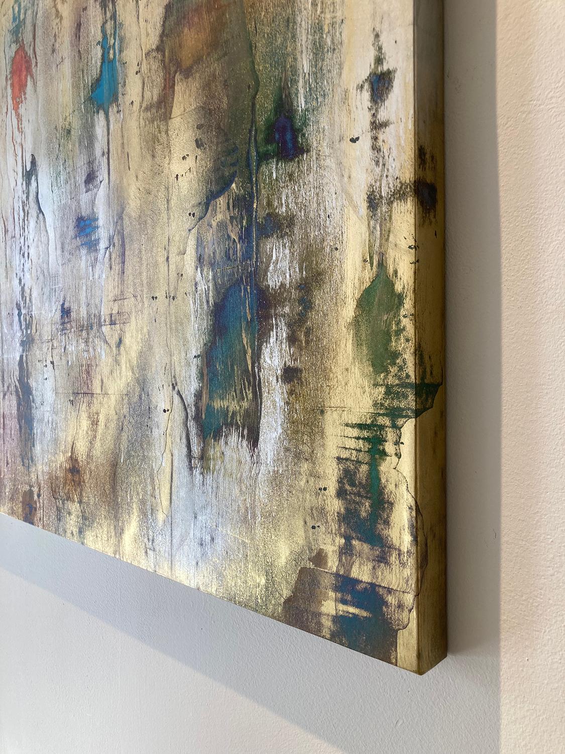 Gestural abstract expressionist painting on archival paper mounted to panel with gold and silver metallic powders and accents of blue, burgundy, green, and purple enamel paint
