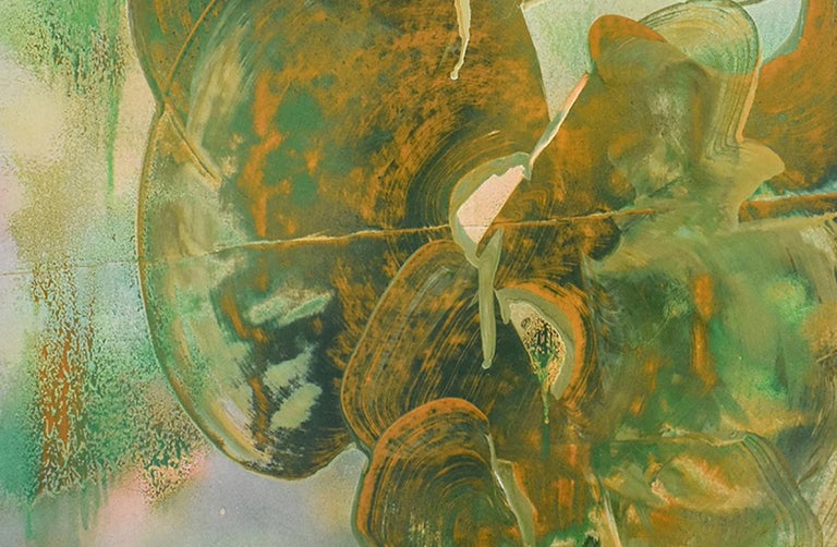 Lady with a Frog (Gestural Abstract Painting on Paper in Green & Ochre) For Sale 1