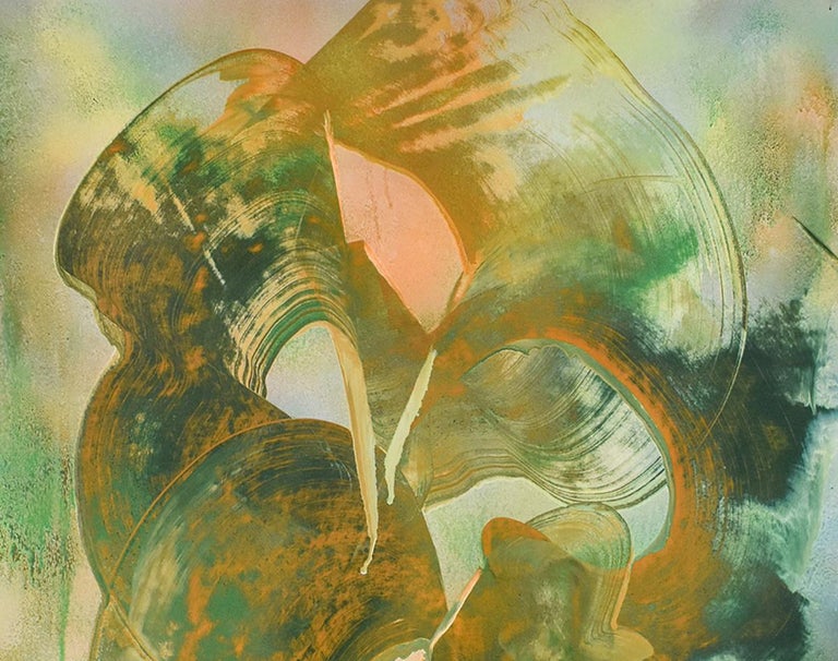Lady with a Frog (Gestural Abstract Painting on Paper in Green & Ochre) For Sale 2
