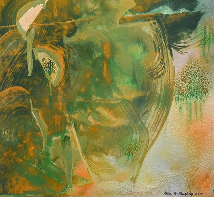 Gestural abstract painting on paper in shades of green with accents of ochre, orange, and light yellow 
Enamel paint on paper
28 x 22 inches unframed
Signed, bottom right 

This gestural abstract painting on paper was made by Hudson Valley based
