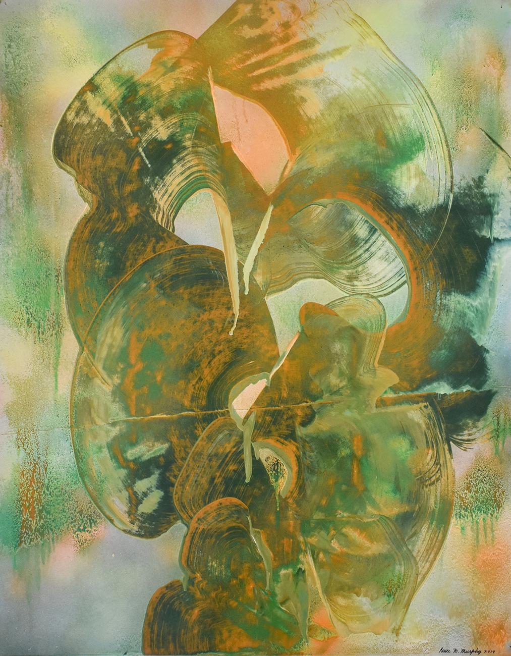 Lady with a Frog (peinture abstraite sculpturale sur papier en vert et ocre)
