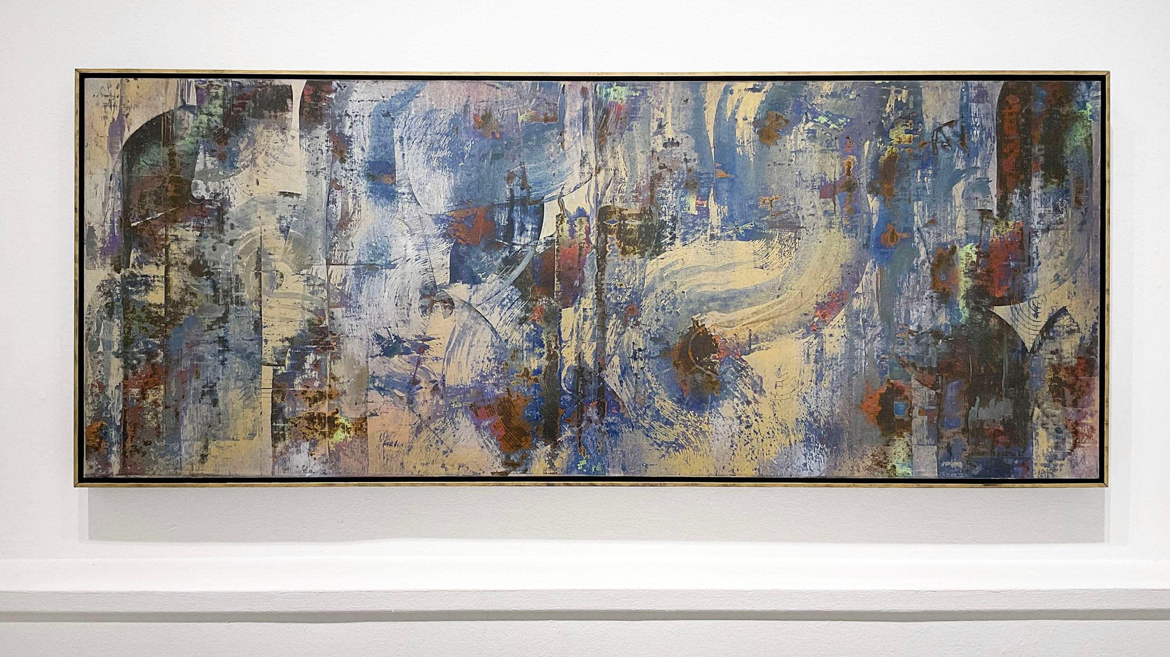 Neu aussehende Methoden: Kobaltblaues und goldenes abstraktes expressionistisches Gemälde, gerahmt (Braun), Abstract Painting, von Bruce Murphy