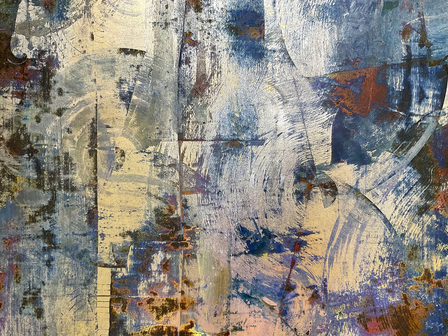 méthodes de recherche nouvelles : peinture expressionniste abstraite bleu cobalt et or, encadrée en vente 2