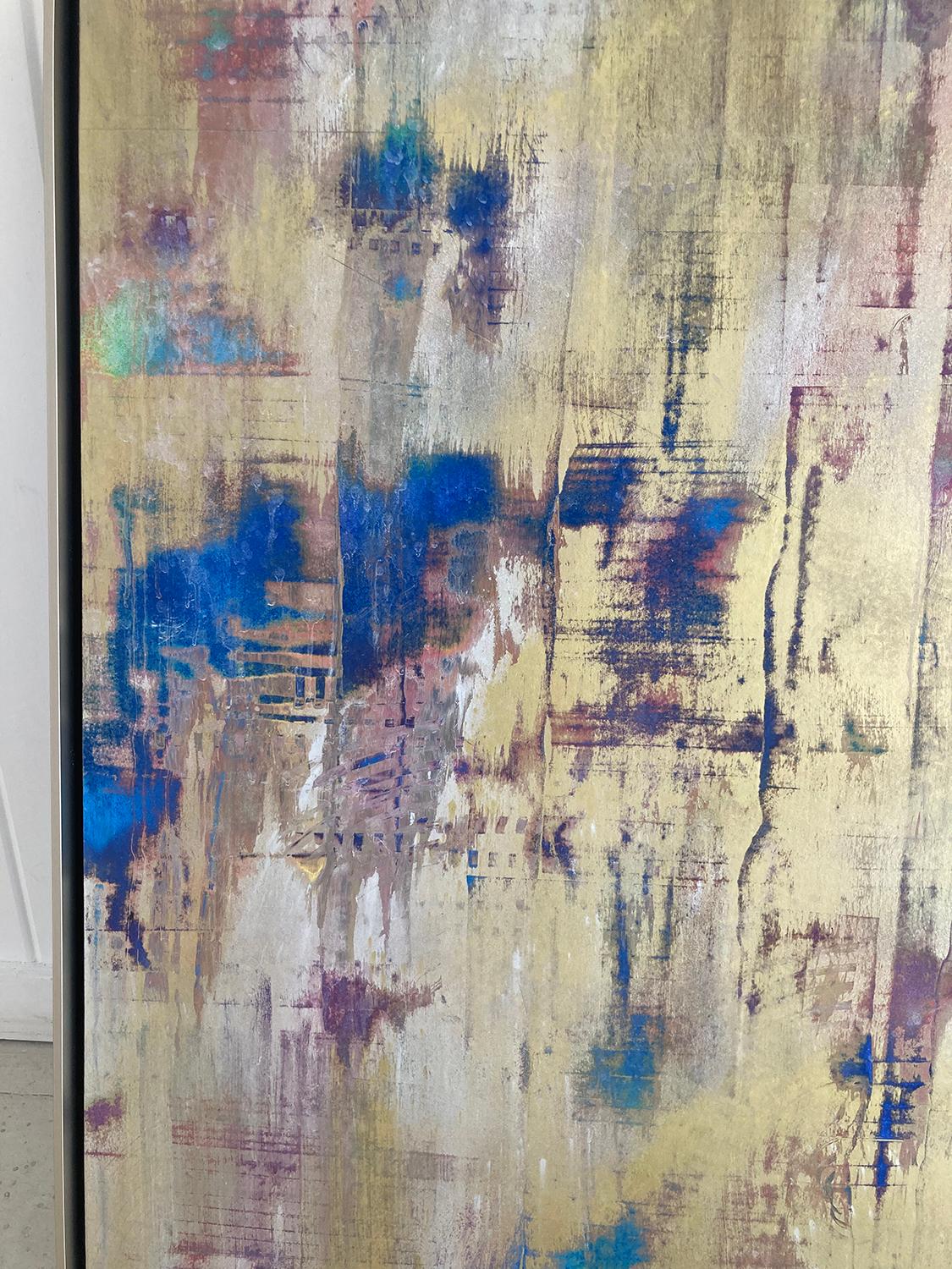 Gestural abstract expressionist painting on archival paper mounted to panel with gold and silver metallic powders and accents of blue, mauve, and teal enamel paint
