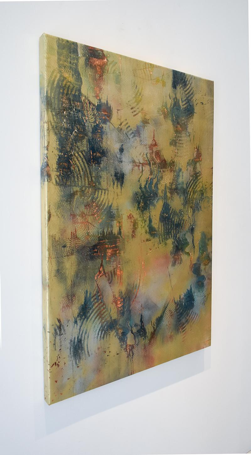 Gestural abstract painting on canvas in gold and silver with accents of burnt sienna, dark blue, and forest green
Enamel paint and metallic powders on canvas
The painting wraps around the edges so framing is not necessary
Overall dimensions:  40 x