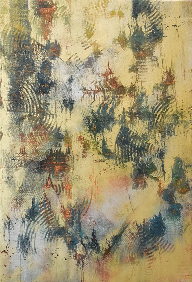 Abstract Painting Bruce Murphy - Pattern of Energy : Peinture abstraite en or et argent avec des couleurs subtiles