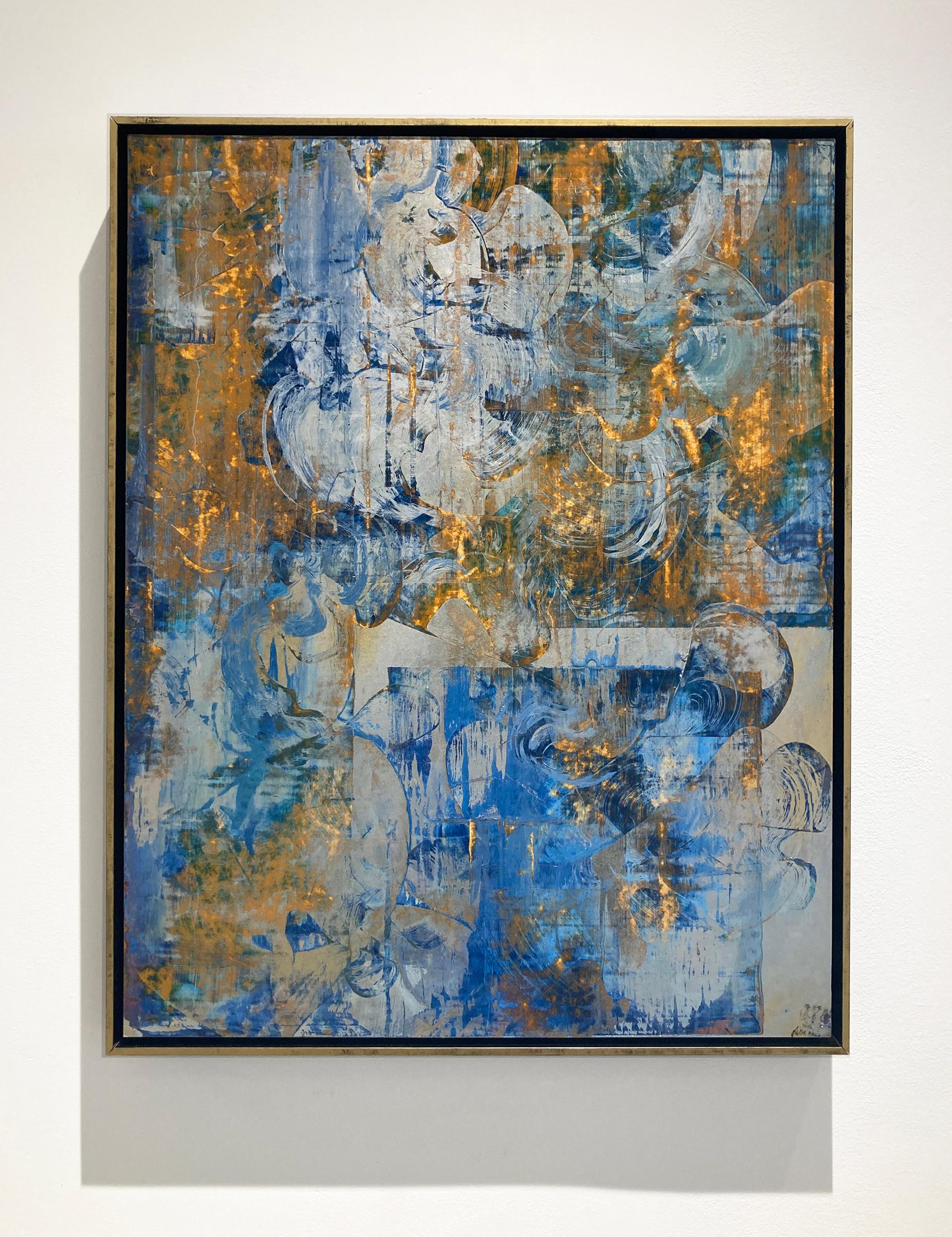 Right Now Is: Blue & Gold Abstract Painting in the Style of Gerhard Richter - Art by Bruce Murphy