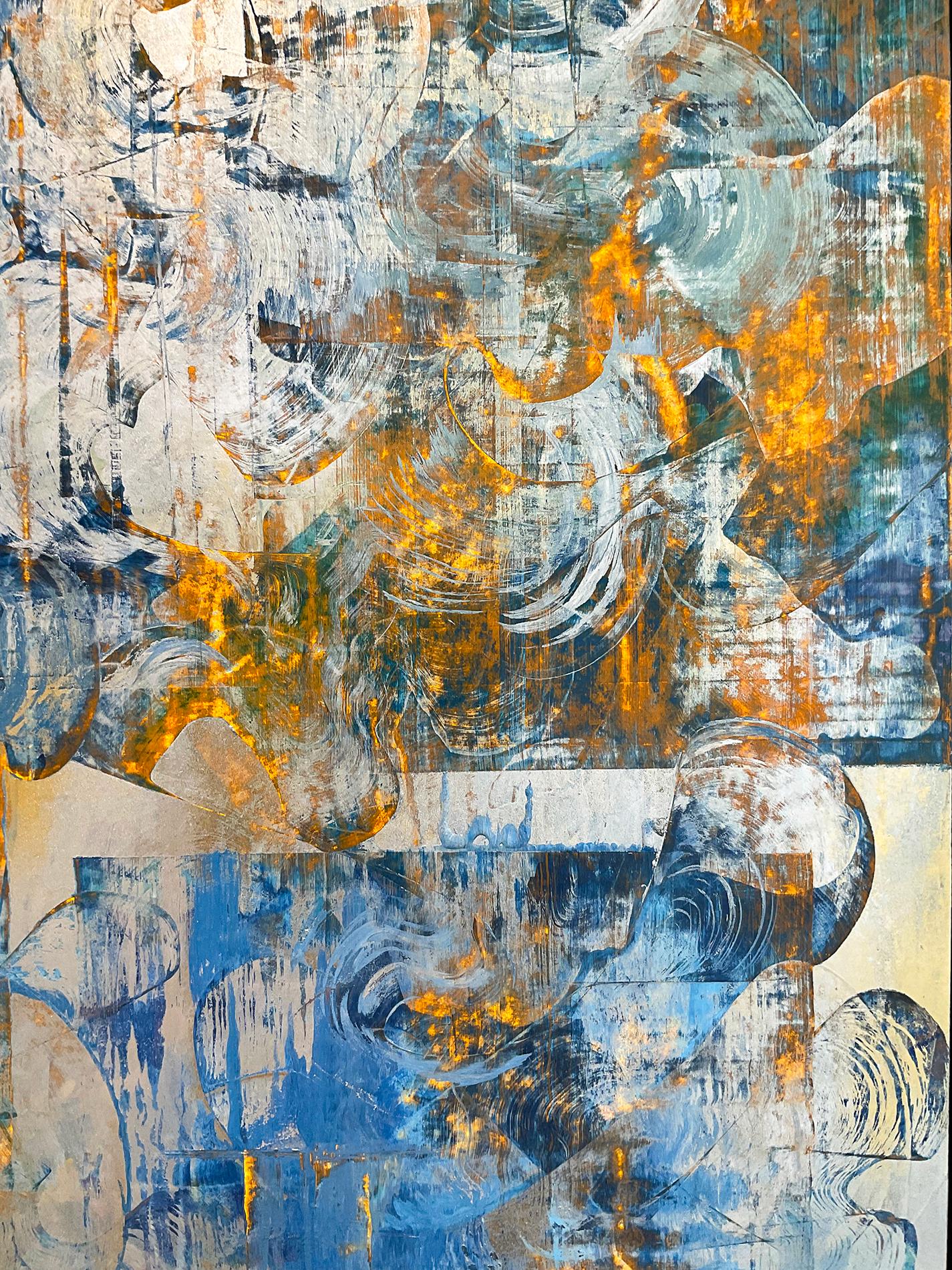 Right Now Is: Blaues und goldenes abstraktes Gemälde im Stil von Gerhard Richter (Grau), Abstract Drawing, von Bruce Murphy