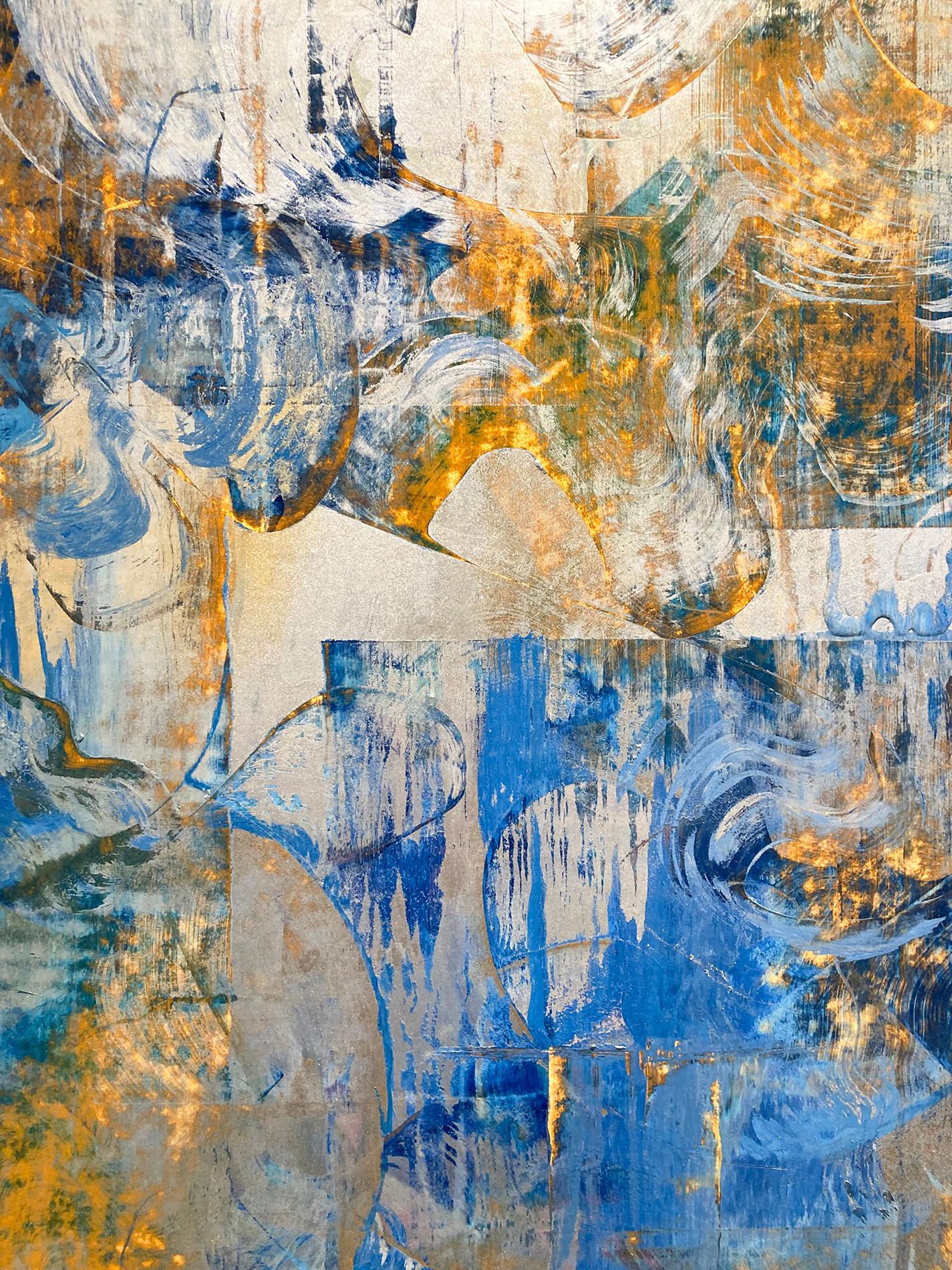 Gestural abstract painting on paper with silver metallic powders, cobalt blue, and marigold 
