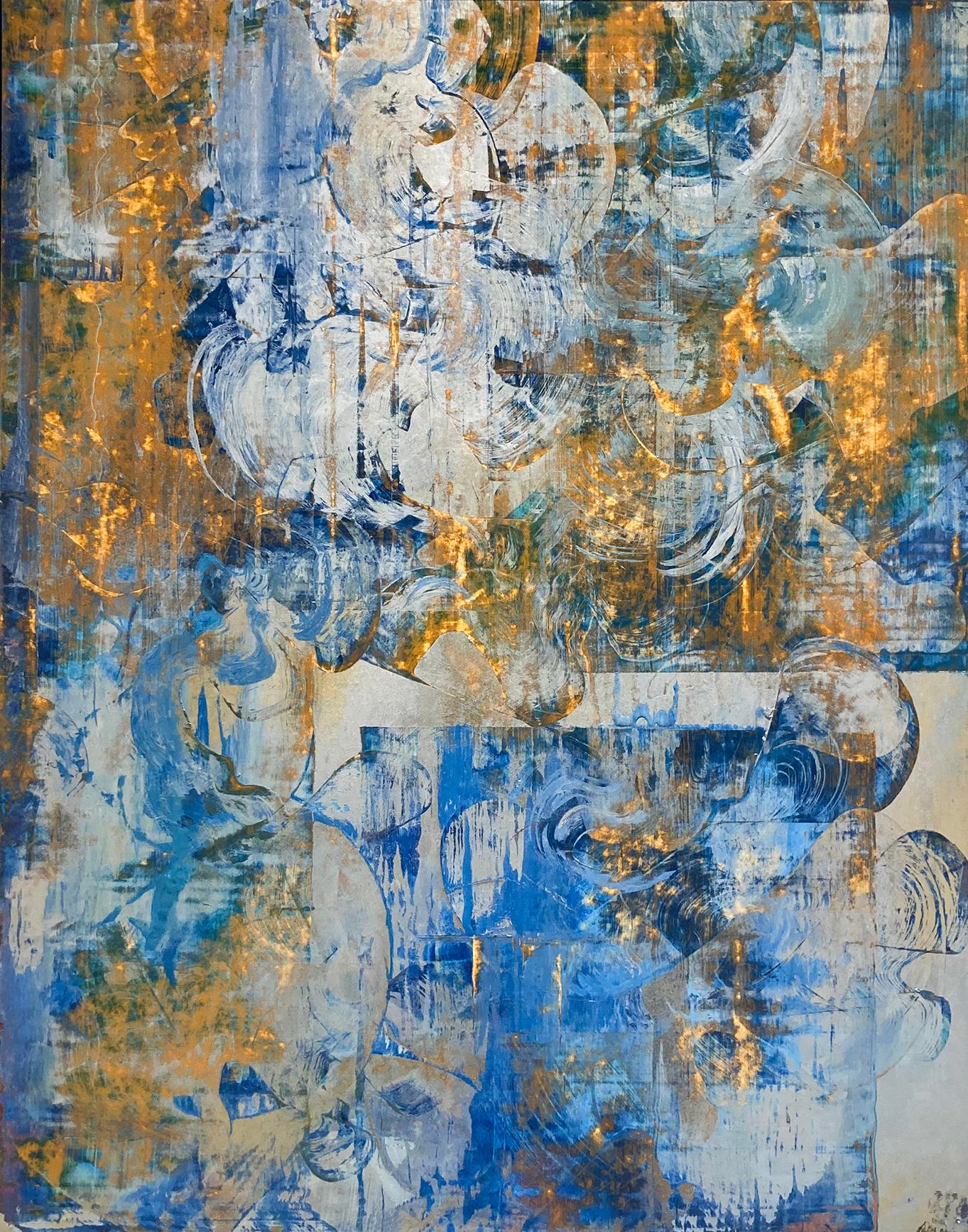 Right Now Is: Blue & Gold Abstract Painting in the Style of Gerhard Richter