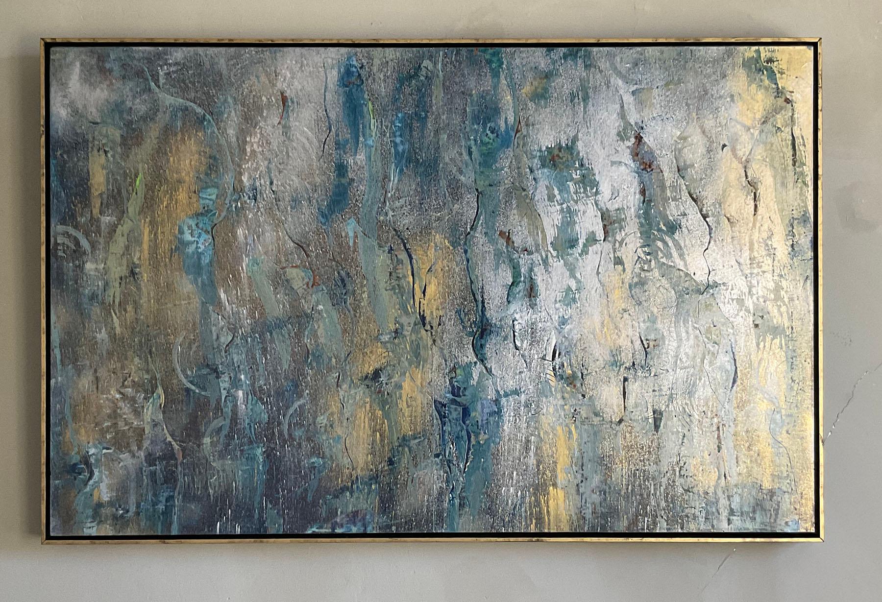Seeing the Past: Abstrakt-expressionistisches Gemälde in Blau, Silber und Gold (Grau), Abstract Painting, von Bruce Murphy