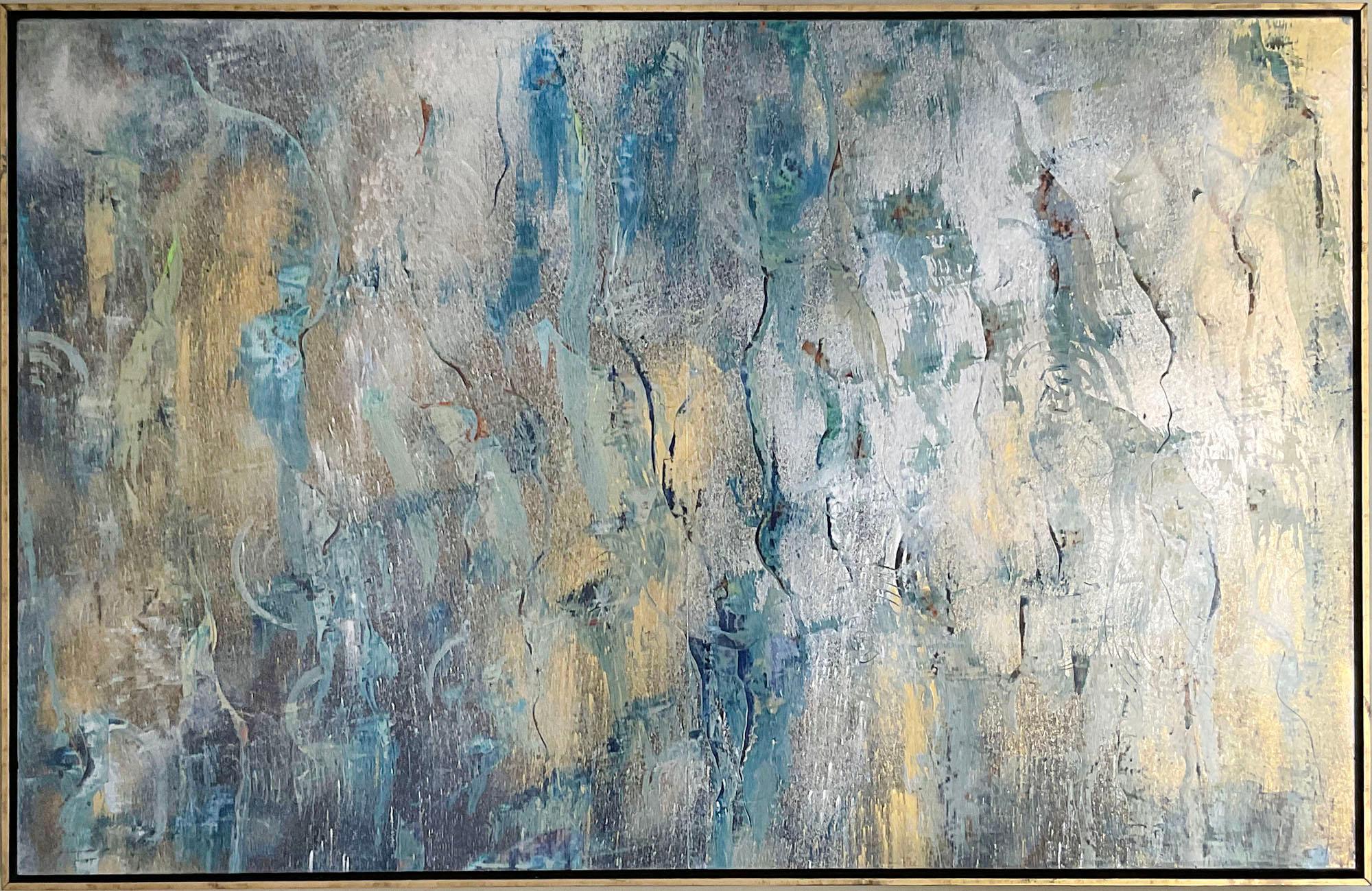 Abstract Painting Bruce Murphy - Seeing the Past : peinture expressionniste abstraite en bleu, argent et or