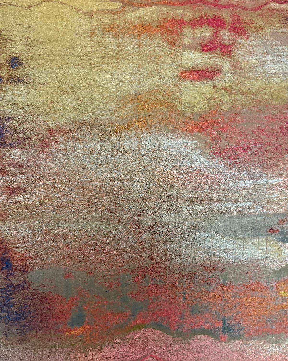 Sunsets on the Hudson (Abstract Painting in Blue, Pink and Metallic Gold) - Brown Abstract Drawing by Bruce Murphy