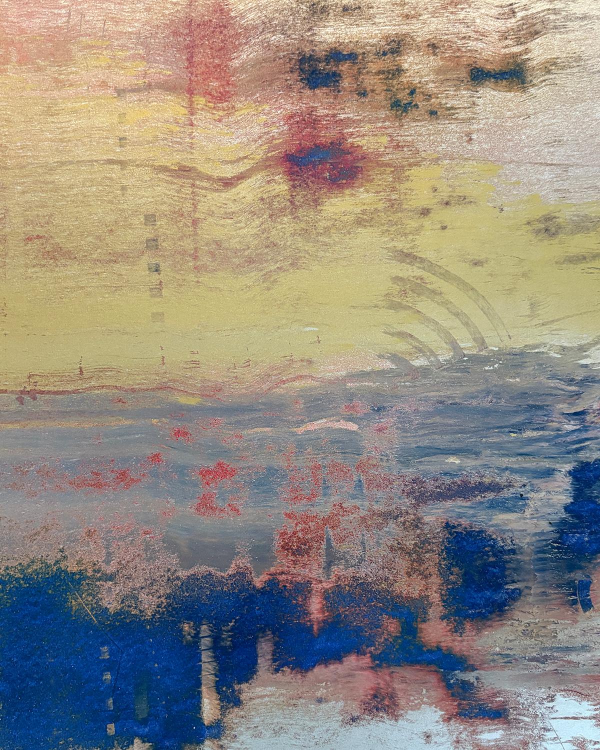 Sunsets on the Hudson (Abstract Painting in Blue, Pink and Metallic Gold), 2019 by Bruce Murphy
38 x 42 inches, unframed, enamel paint on archival paper
Signed, verso

This gestural abstract expressionistic painting on canvas was made by Hudson