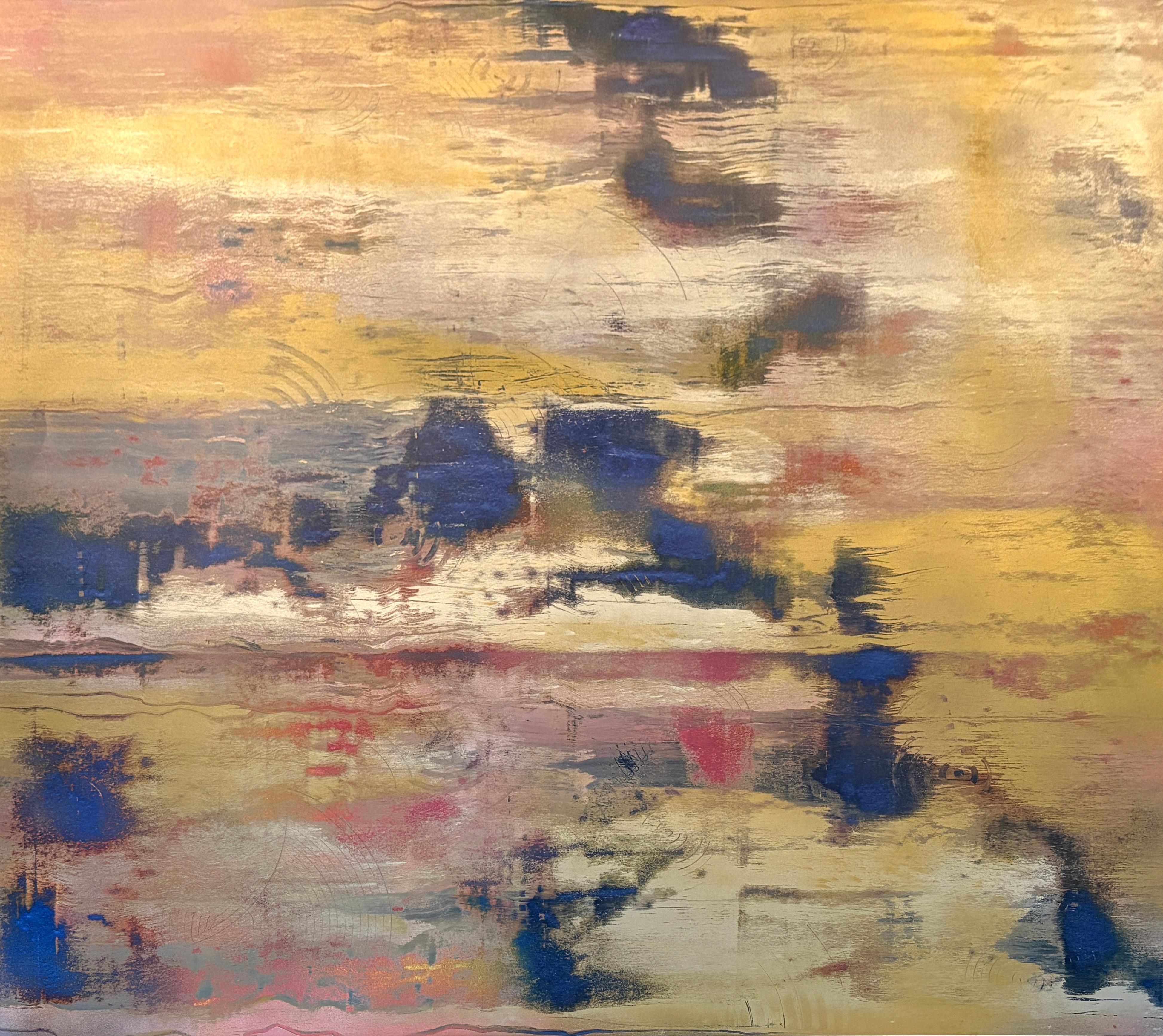Bruce Murphy Abstract Drawing - Sunsets on the Hudson (Abstract Painting in Blue, Pink and Metallic Gold)
