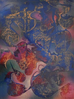 Tampering with Paint (Gestural Abstraktes Gemälde auf Papier in Indigo und Rot)