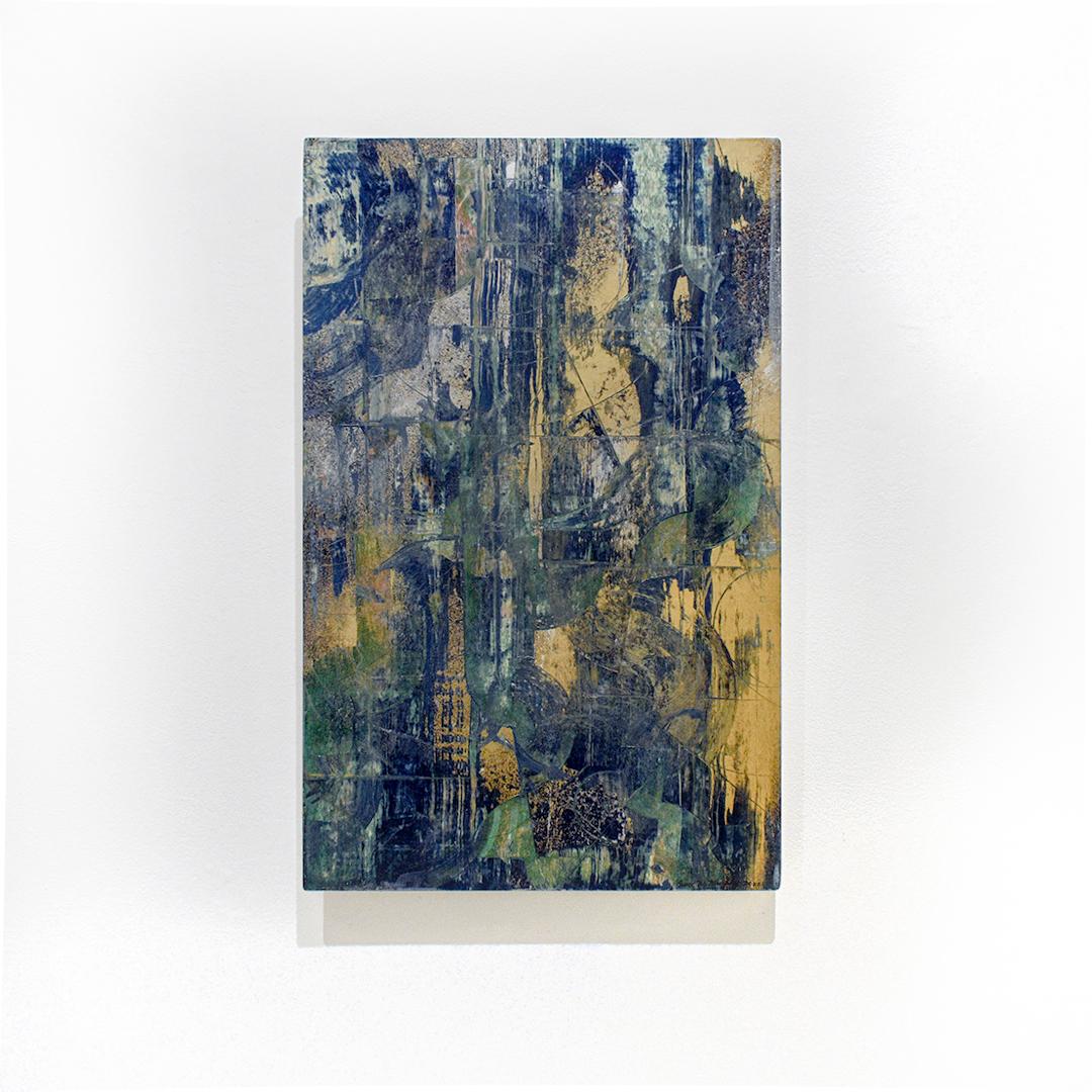 Temptation in Blau & Gold: Abstraktes expressionistisches Gemälde mit metallischen Pulverfarben – Art von Bruce Murphy