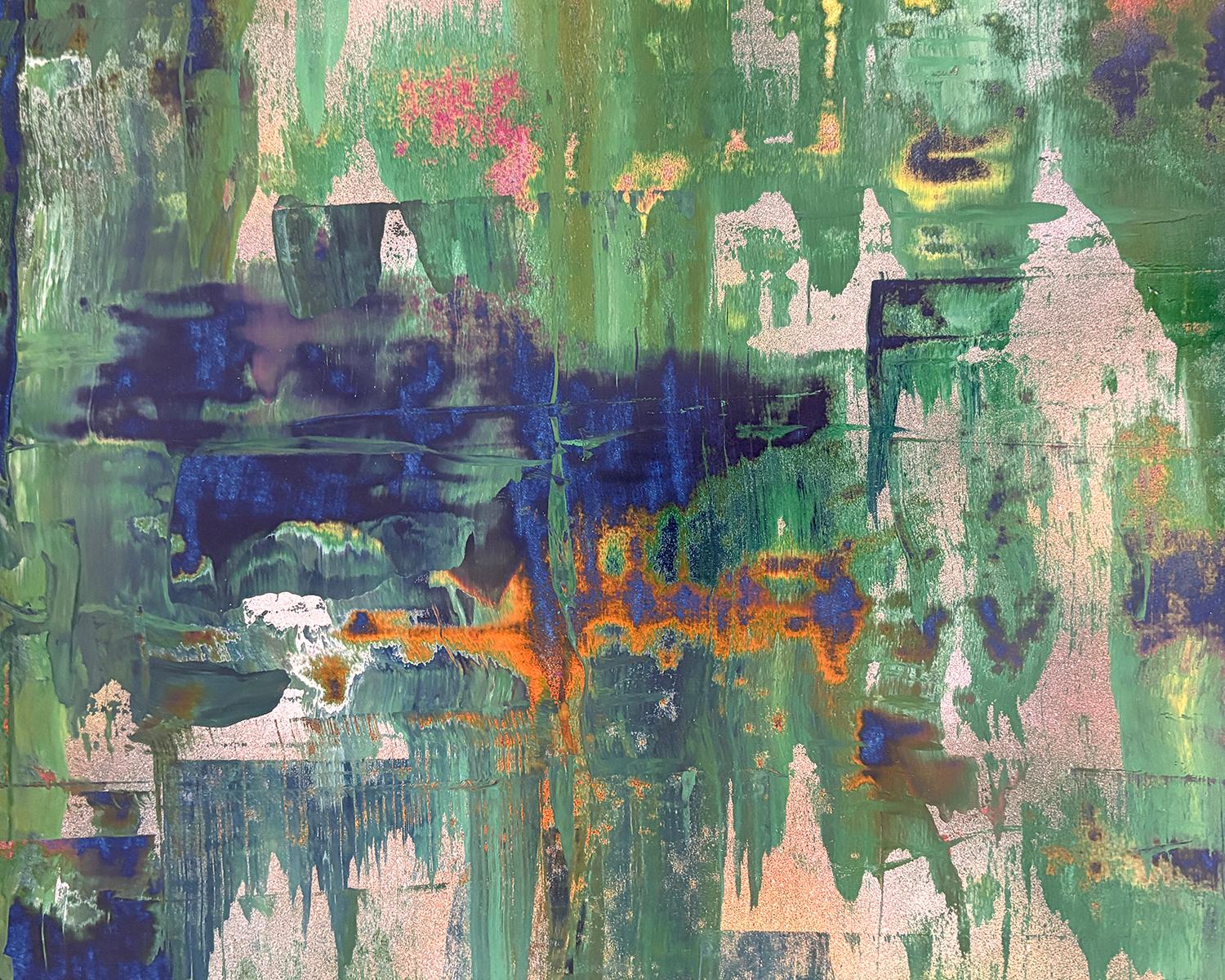 Tides Out (Abstraktes Gemälde in Blau, Orange & Metallic Gold) (Grau), Abstract Painting, von Bruce Murphy
