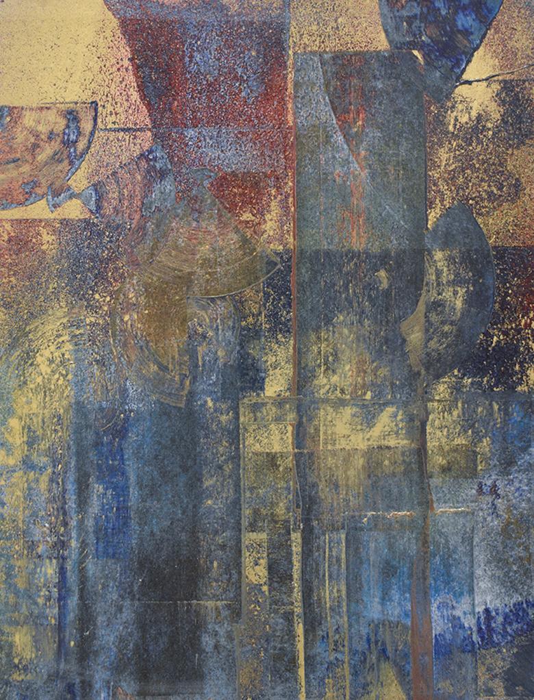 Time & Again II : Peinture expressionniste abstraite en bleu indigo, or et bourgogne