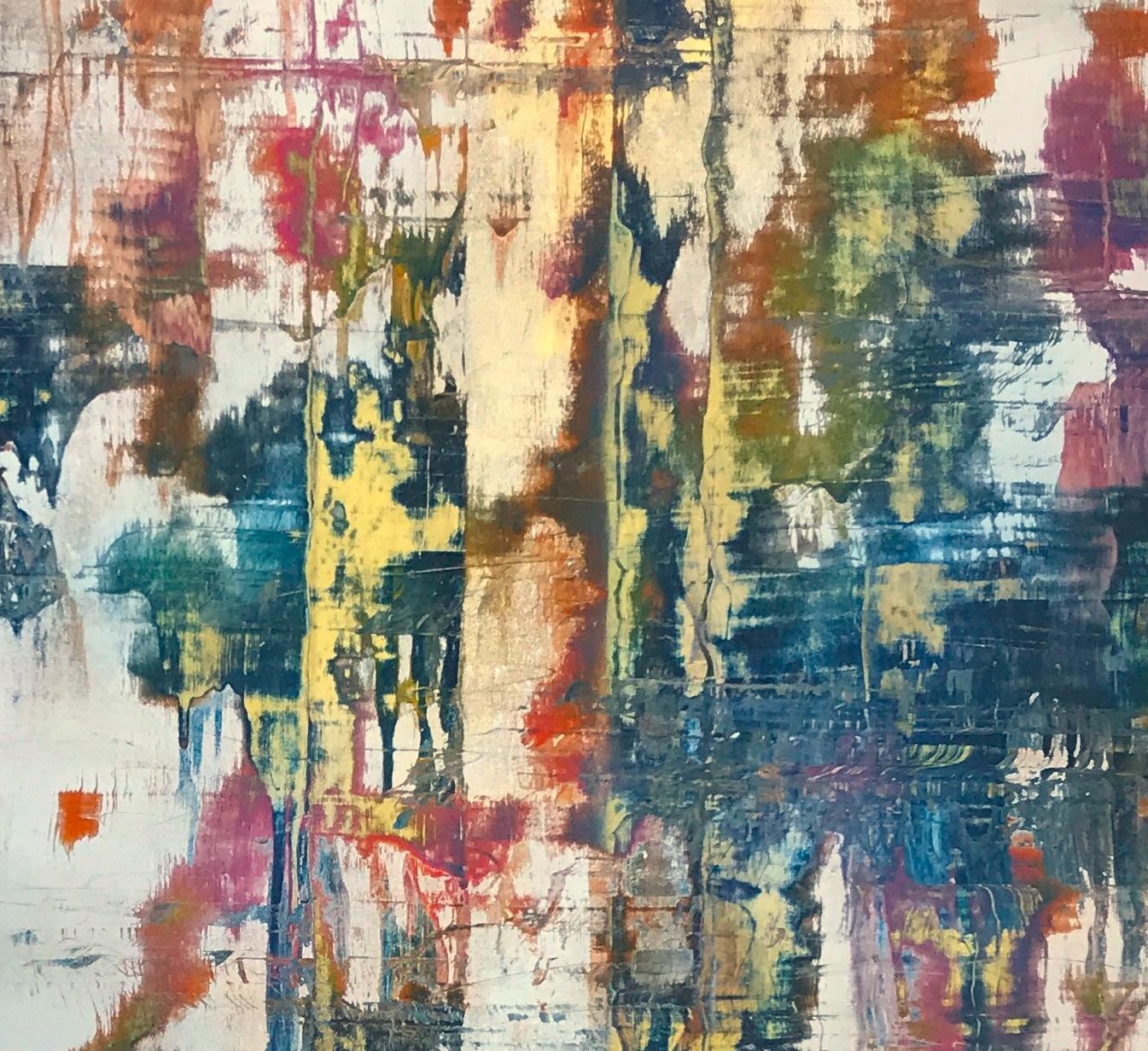 Tracing Thoughts (Gerhard Richter Style Colorful Abstract Painting with Silver)  1