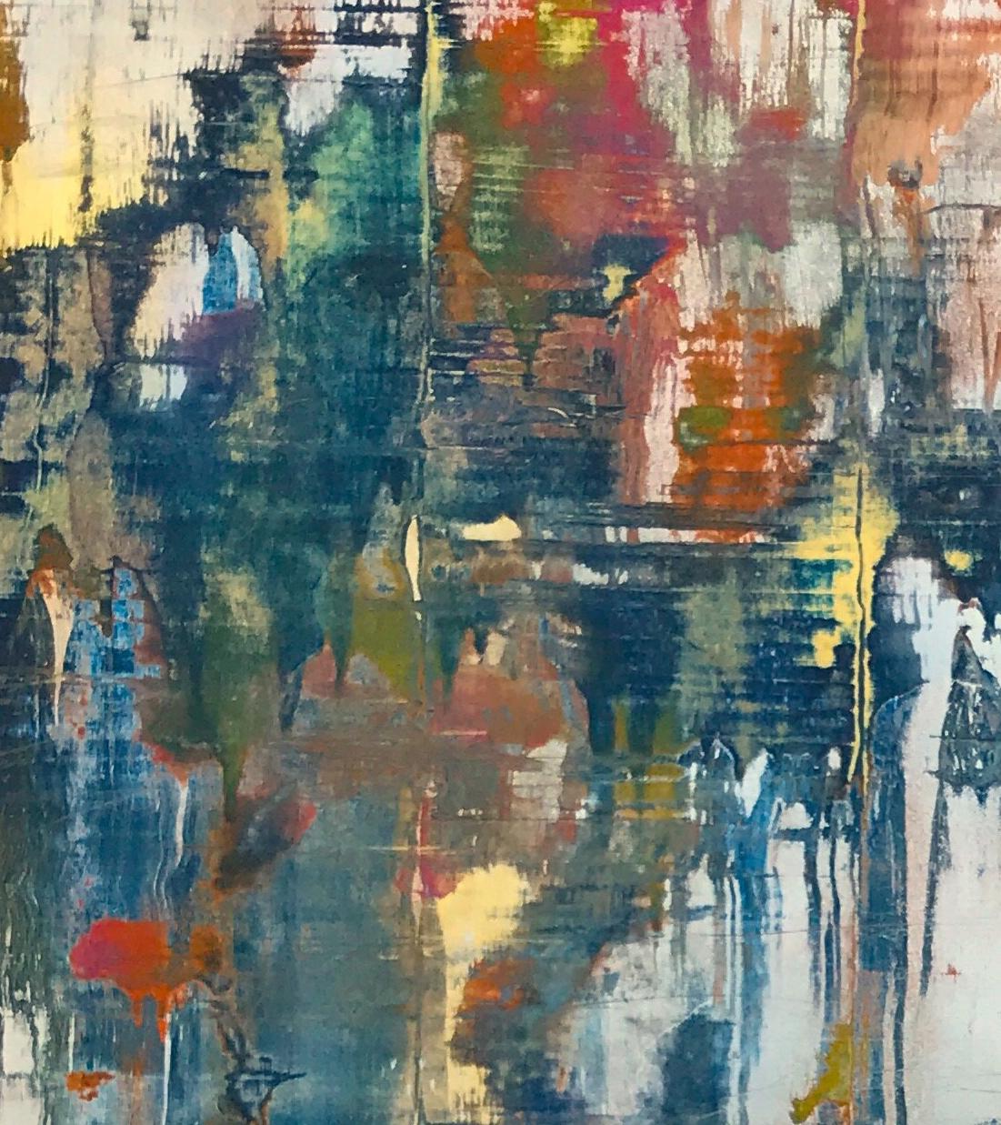 Tracing Thoughts (Gerhard Richter Style Colorful Abstract Painting with Silver)  2