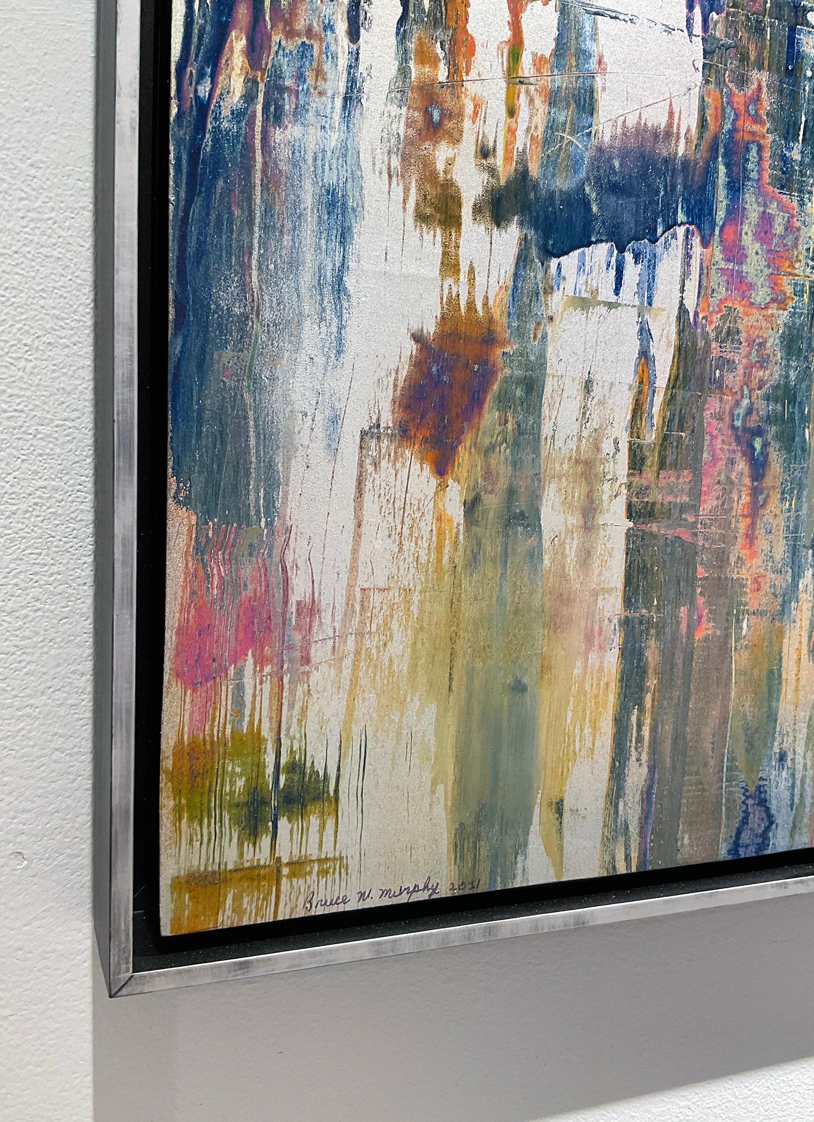Colorful Abstract painting made with blue, pink, orange, and green enamel paint under silver and gold metallic powders
Abstract expressionist painting in the style of Gerhard Richter 
