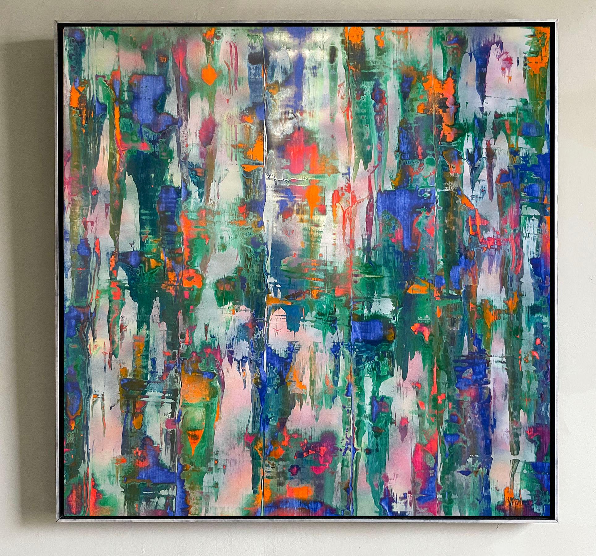 Gestural abstract expressionist painting on canvas in colorful hues blue, pink, and green on a silver background 
