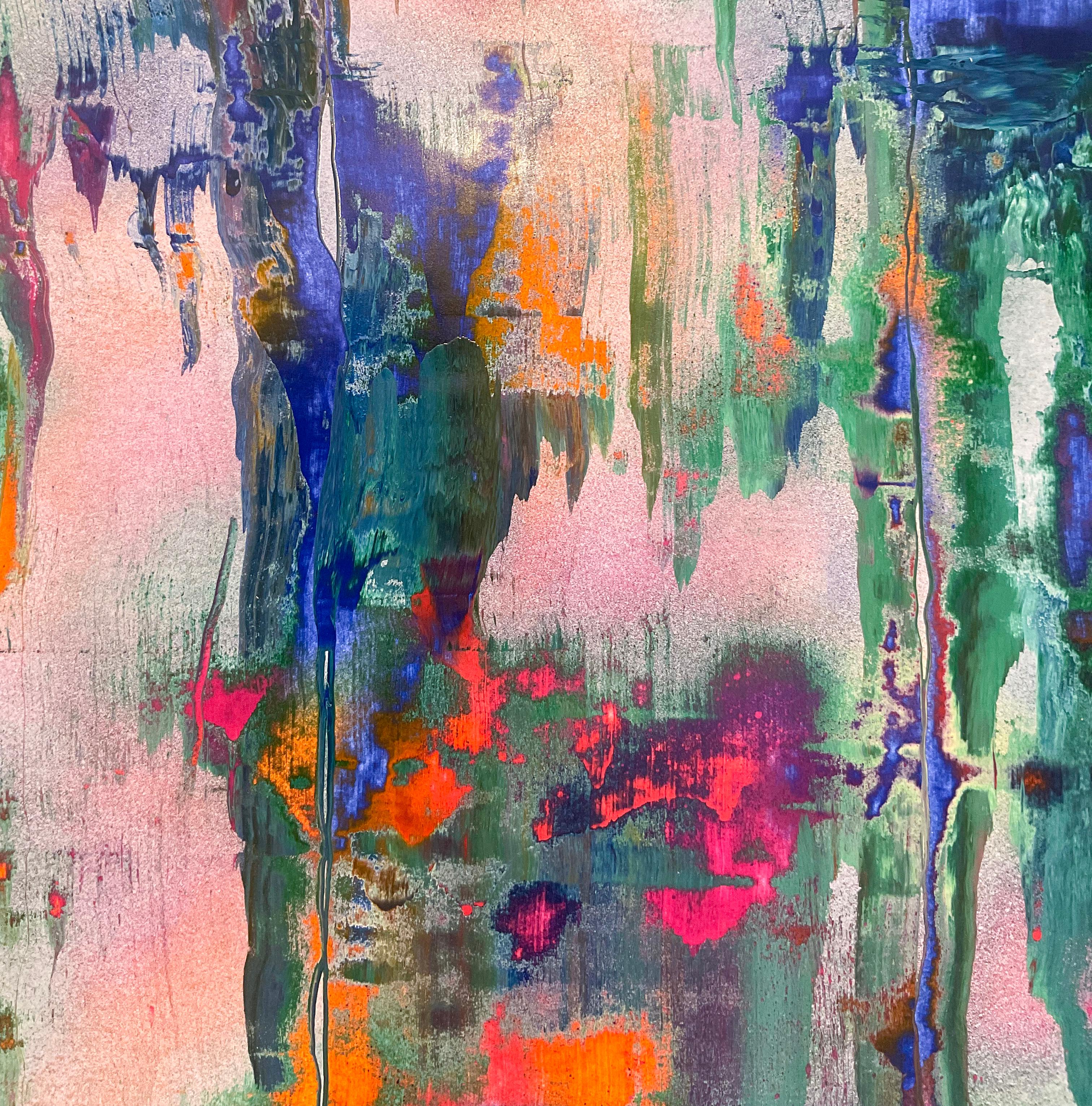 Peinture expressionniste abstraite gestuelle sur toile dans des tons colorés bleus, roses et verts sur un fond argenté 
