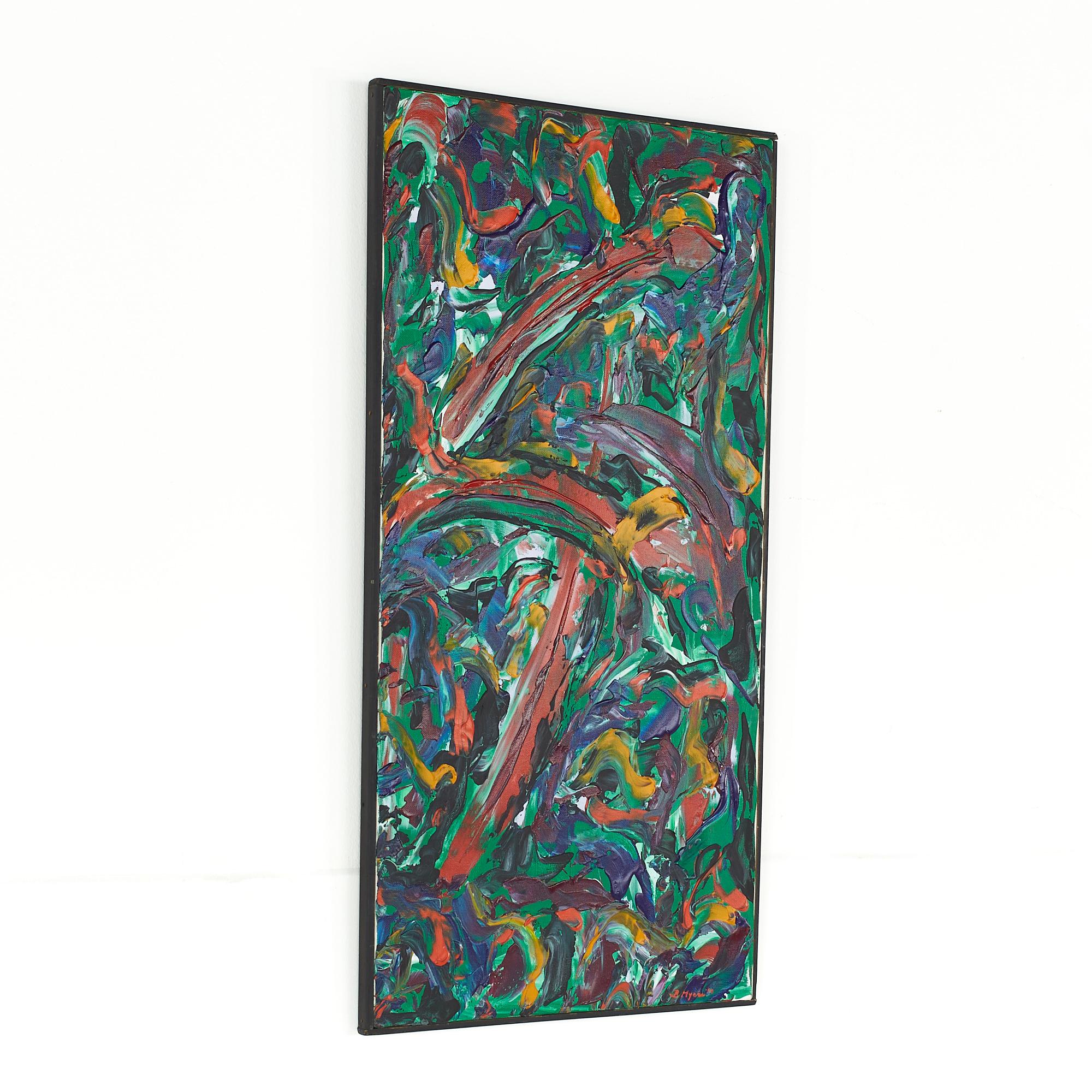 Bruce Myers mid-century abstract original oil on canvas painting.

This painting measures: 15.5 wide x .75 deep x 30.5 inches high.

This painting is in good vintage condition.

We take our photos in a controlled lighting studio to show as