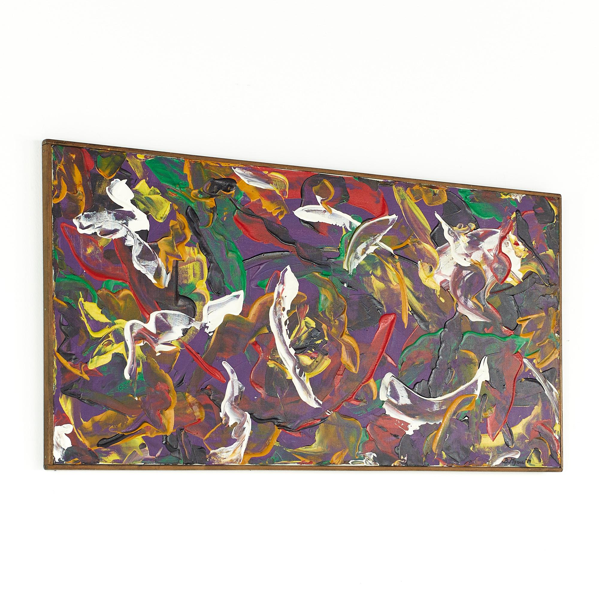 Bruce Myers mid-century abstract original oil on canvas painting.

This painting measures: 15.5 wide x .75 deep x 30.5 inches high

This painting is in Excellent Vintage Condition with minor marks, dents, and wear.

We take our photos in a