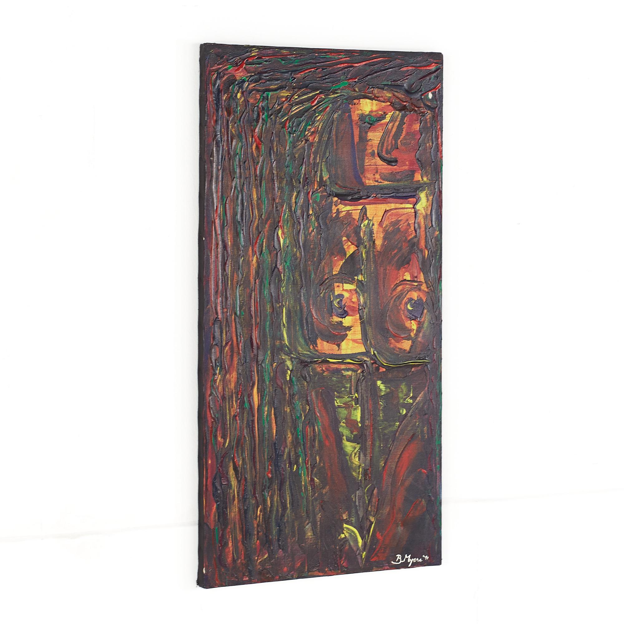 Bruce Myers mid-century signed abstract original oil on canvas.

This painting measures: 15 wide x .75 deep x 30 inches high.

This painting is in good vintage condition.

We take our photos in a controlled lighting studio to show as much