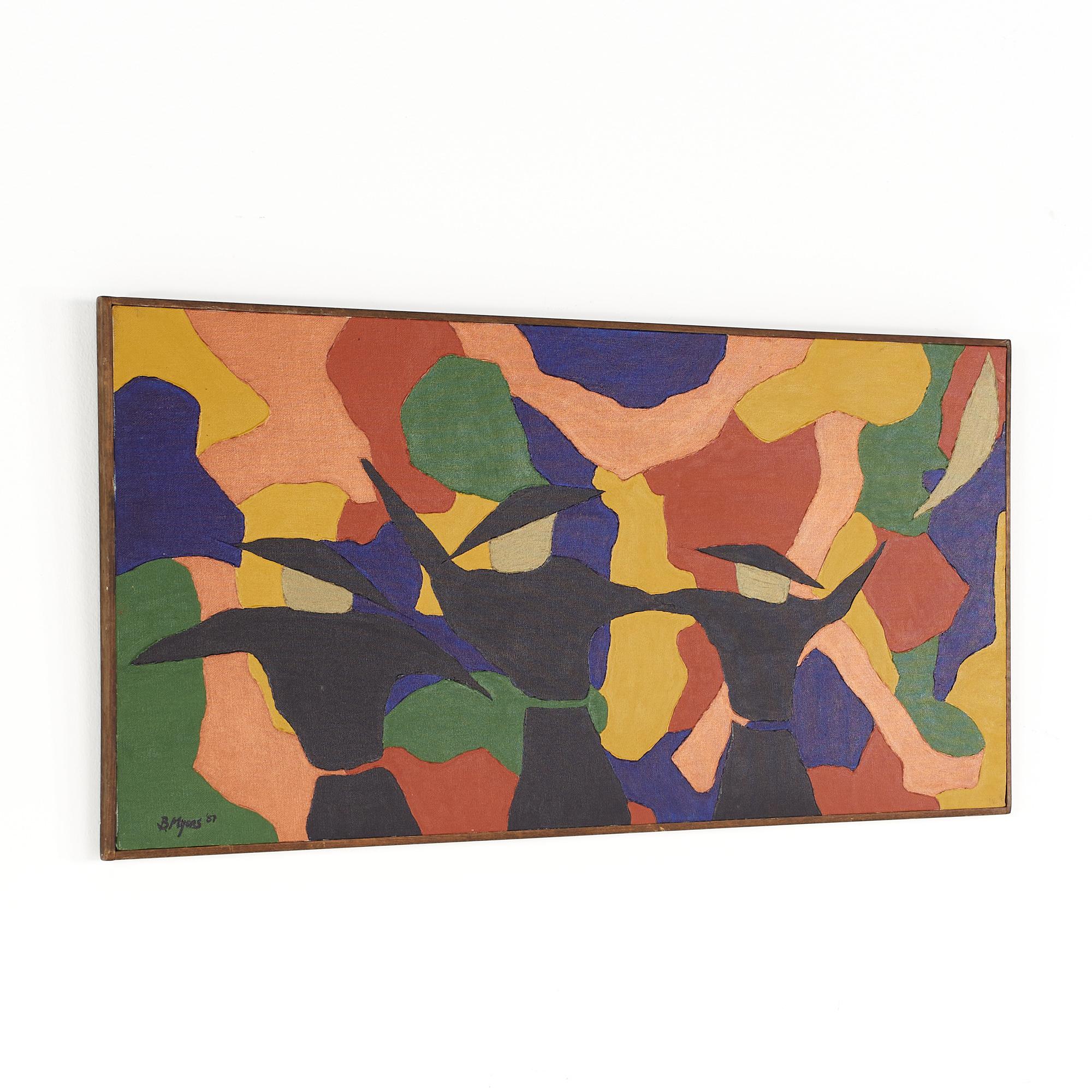 Bruce Myers mid century signed abstract original oil on canvas painting

This painting measures: 30.5 wide x .75 deep x 15.5 inches high

This painting is in good vintage condition.

We take our photos in a controlled lighting studio to show