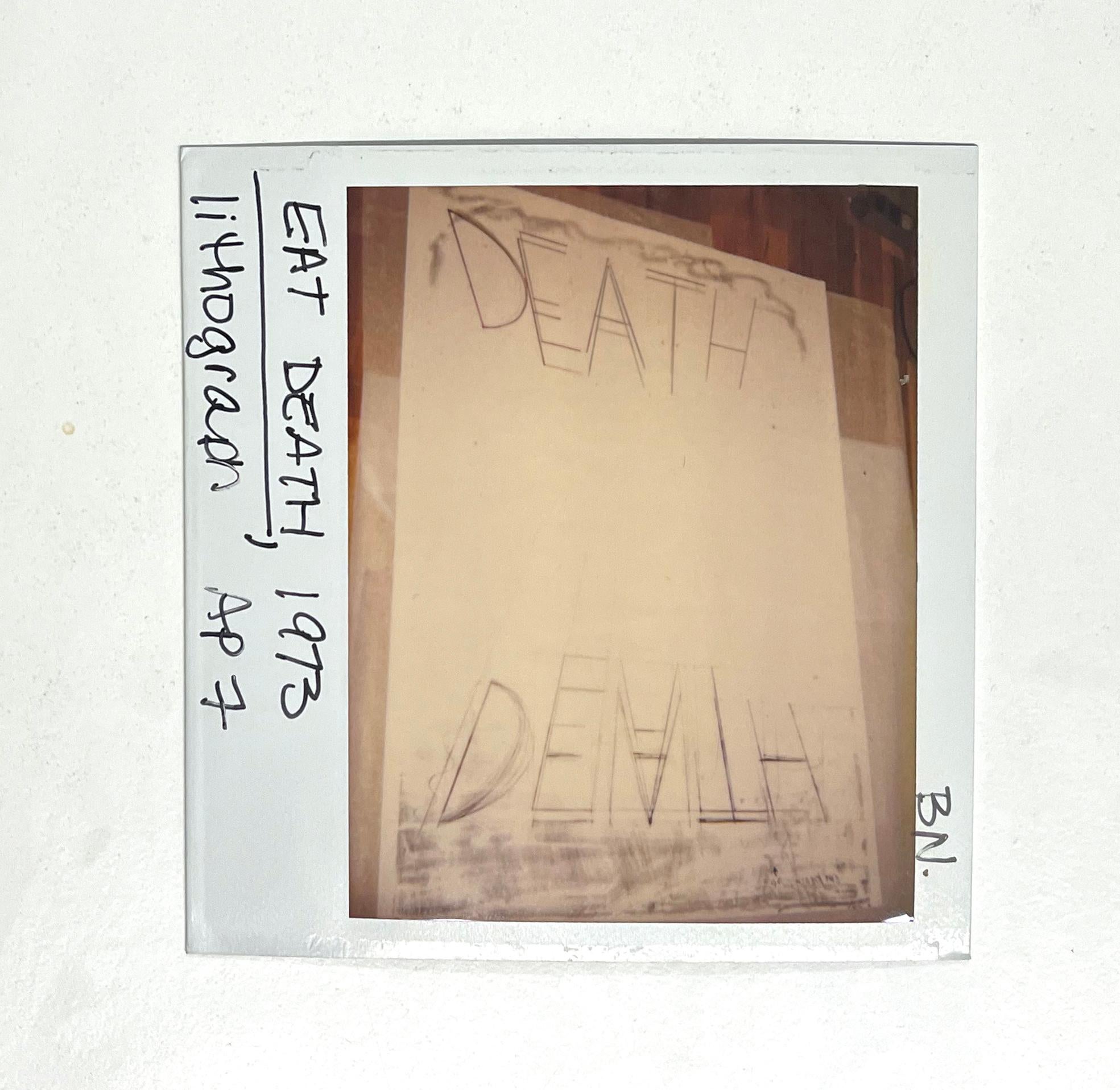 Unique, original Polaroid of Bruce Nauman "EAT DEATH", 1973 (Artist Proof 7) lithograph from the archive of Leo Castelli, NY; the photo is from the early 1980's when the gallery would document prints (silkscreens, lithographs) by taking a Polaroid