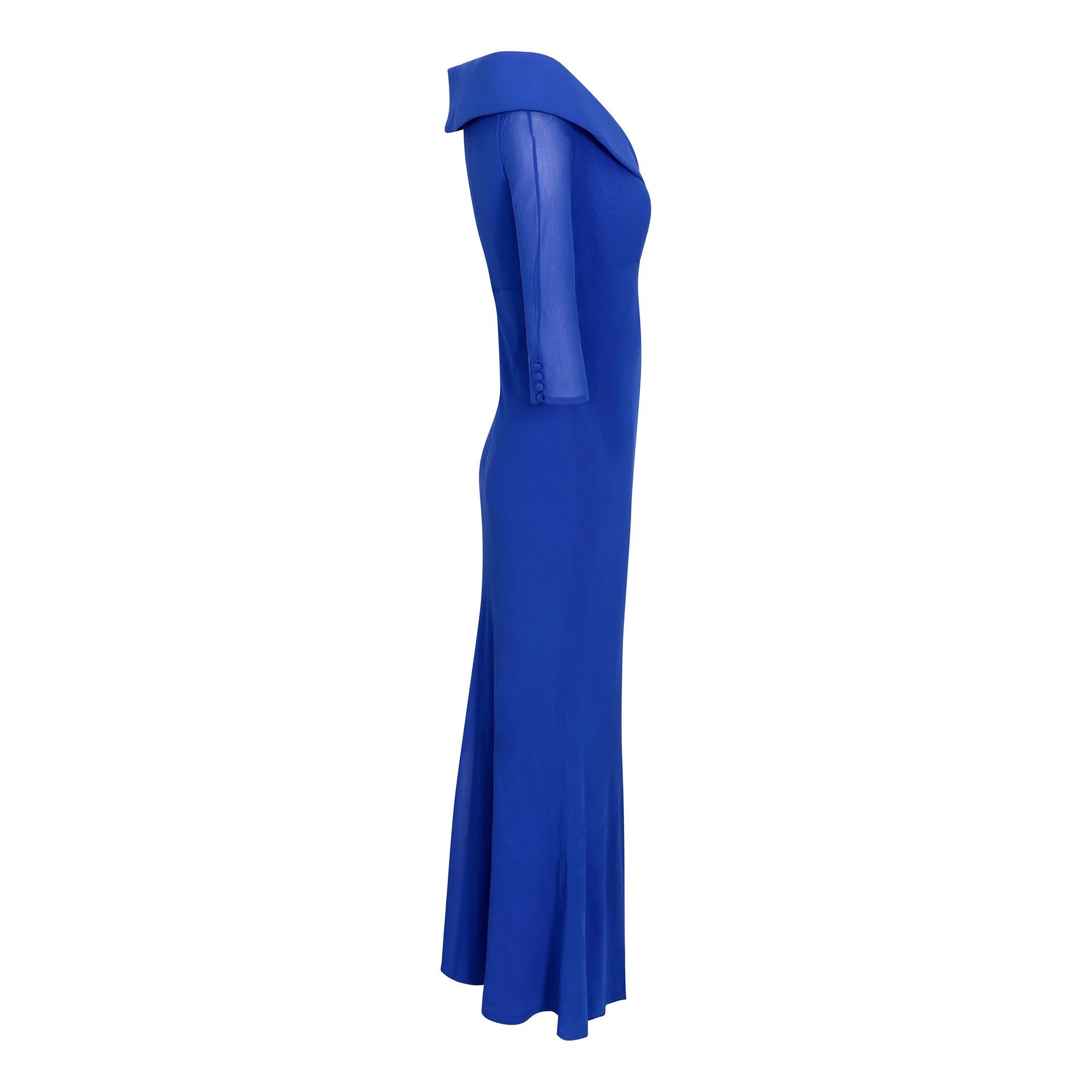 A couture contemporary dress , circa 2010 from Bruce Oldfield, a celebrated UK designer who is in his fifth decade of exclusive design. He is renowned for his occasion wear and this is a beautiful and understated example in royal blue silk chiffon