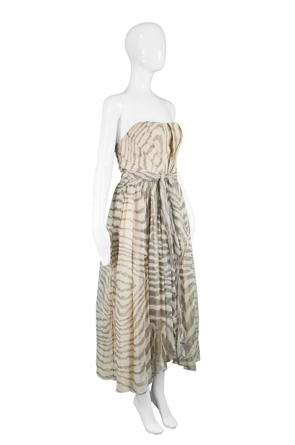 Gray Bruce Oldfield Vintage 1980s Cream Silk Chiffon Striped Strapless Party Dress
