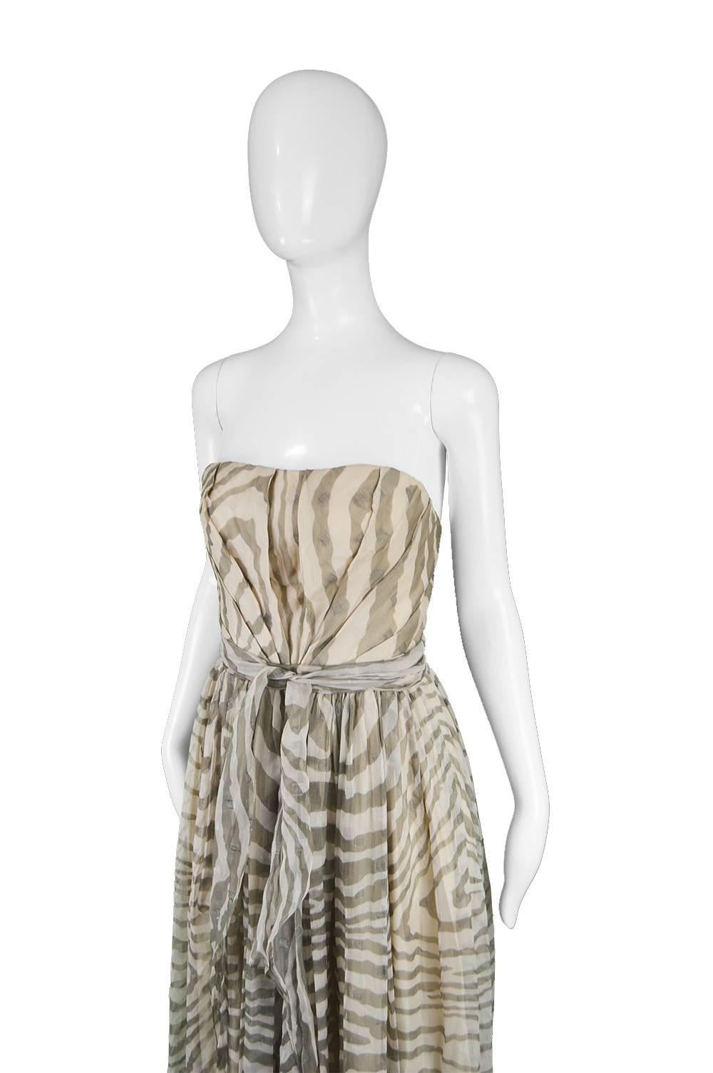 Women's Bruce Oldfield Vintage 1980s Cream Silk Chiffon Striped Strapless Party Dress