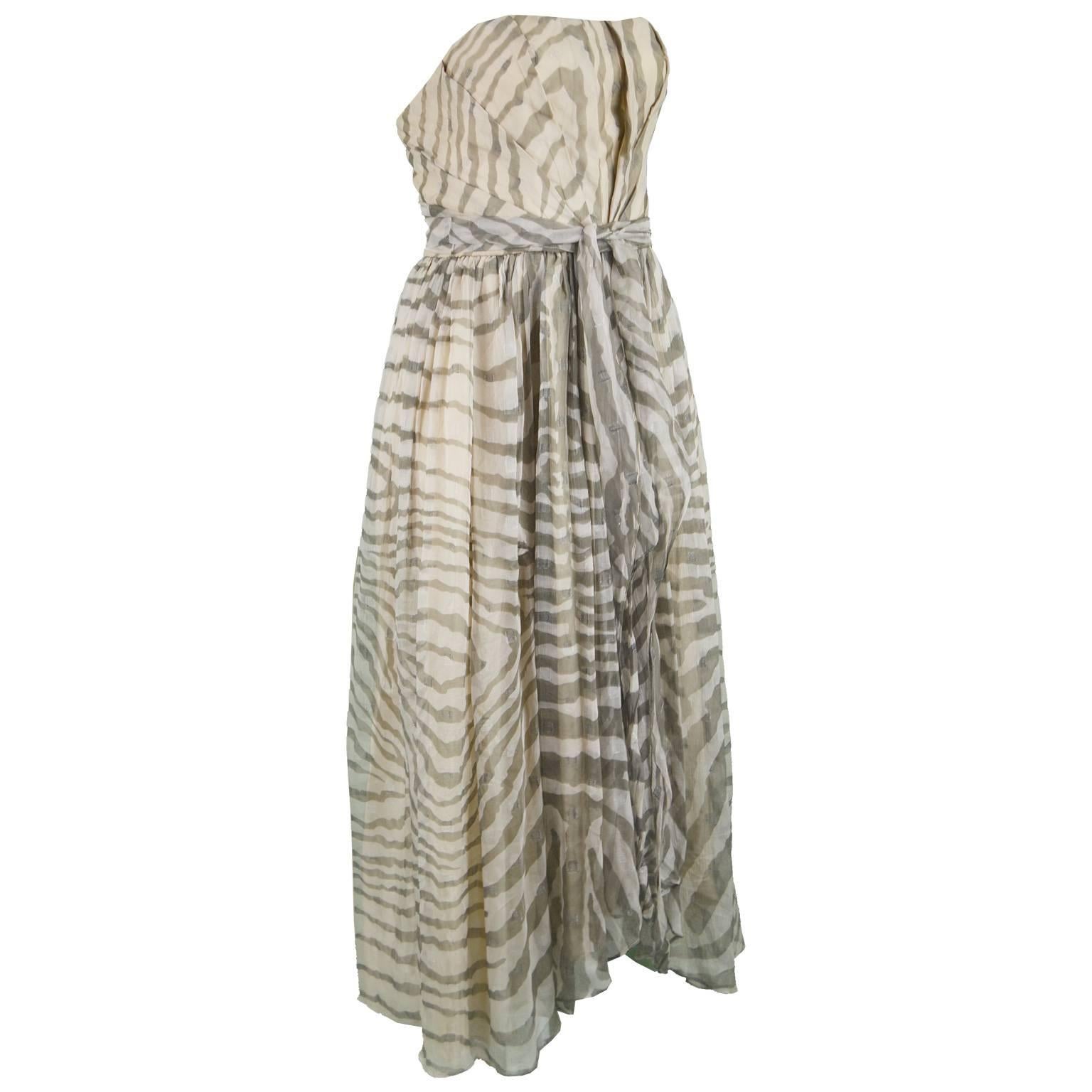Bruce Oldfield Vintage 1980s Cream Silk Chiffon Striped Strapless Party Dress