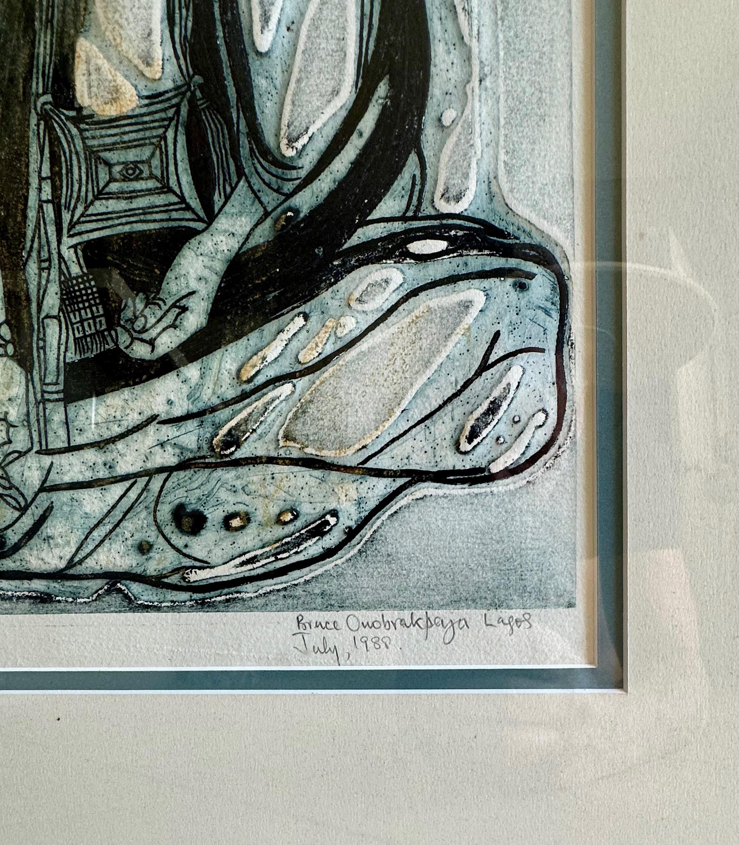 Bruce Onobrakpeya – Blauer Sockel 1988 – Gipsgravur mit Gipsgravur im Angebot 11