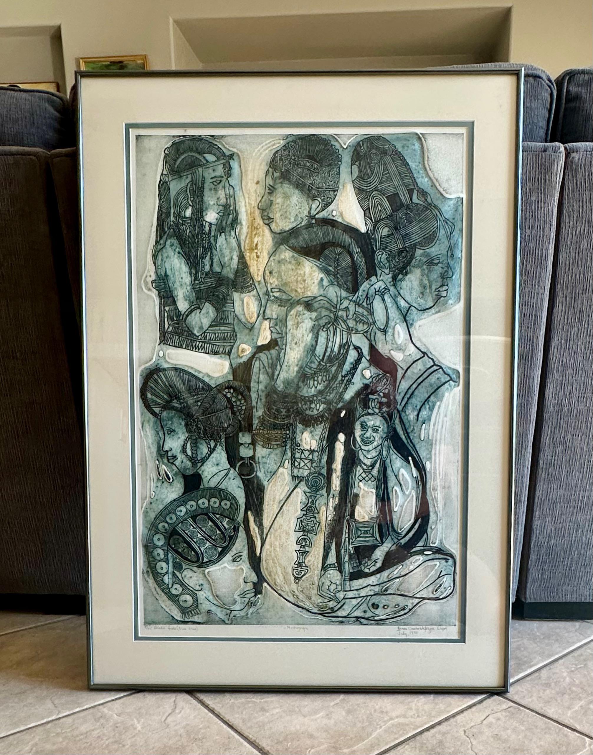 Bruce Onobrakpeya, Nigerianer (1932)
Titel: Ubiebi Fude (Blaue Basis), Lagos, 
1988 hingerichtet
Ausgabe 5/45
Plastographische Tiefenradierung, gerahmt, signiert, betitelt und nummeriert 
Abmessungen: Rahmen H 34