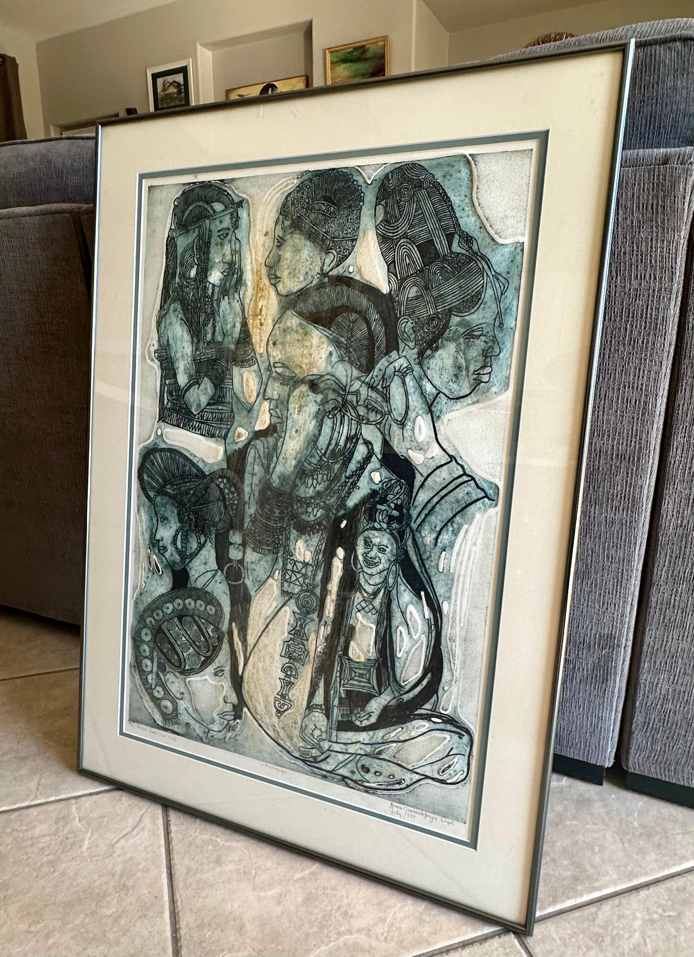 Bruce Onobrakpeya – Blauer Sockel 1988 – Gipsgravur mit Gipsgravur (Nigerianisch) im Angebot
