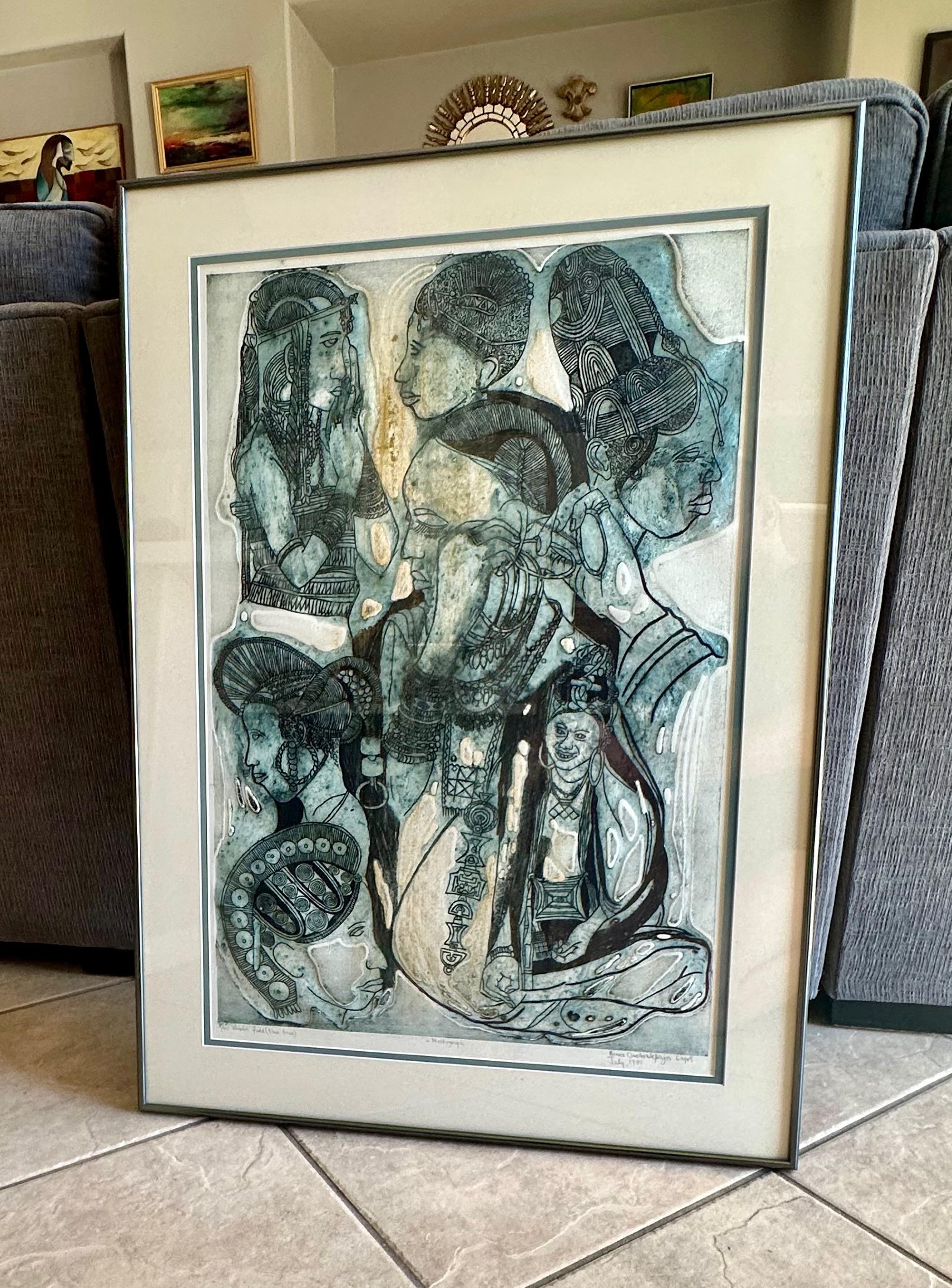 Bruce Onobrakpeya – Blauer Sockel 1988 – Gipsgravur mit Gipsgravur im Zustand „Gut“ im Angebot in Palm Springs, CA