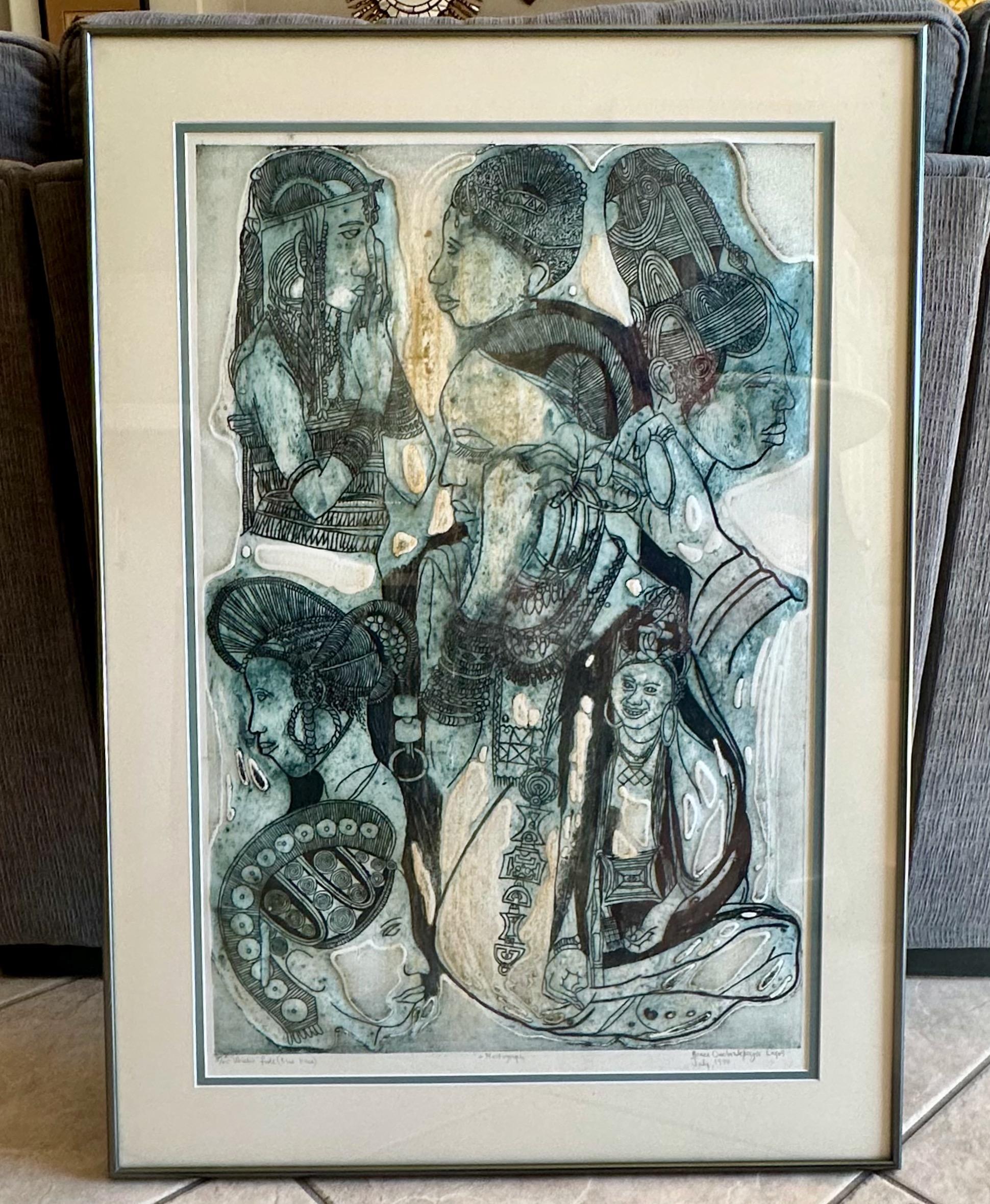 Bruce Onobrakpeya – Blauer Sockel 1988 – Gipsgravur mit Gipsgravur (Ende des 20. Jahrhunderts) im Angebot