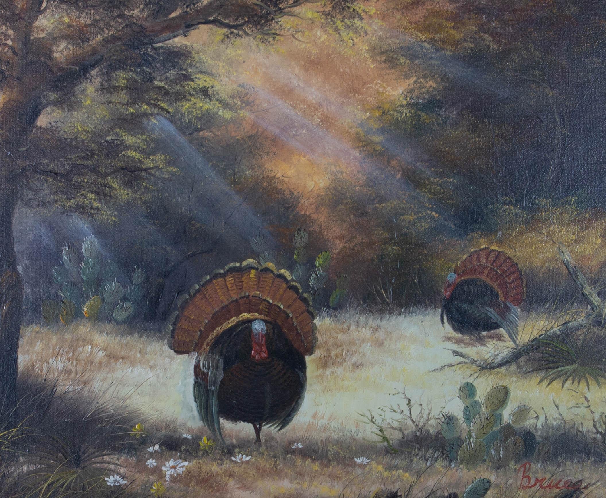 An accomplished acrylic painting, depicting a landscape view with two turkeys. Signed to the lower right-hand corner. Well-presented in a bird's eye maple frame, as shown. On canvas board.