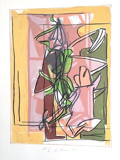 Composition 1-Yellow, Pink, Signed Lithograph Linocut, Modern Abstract Botanical
