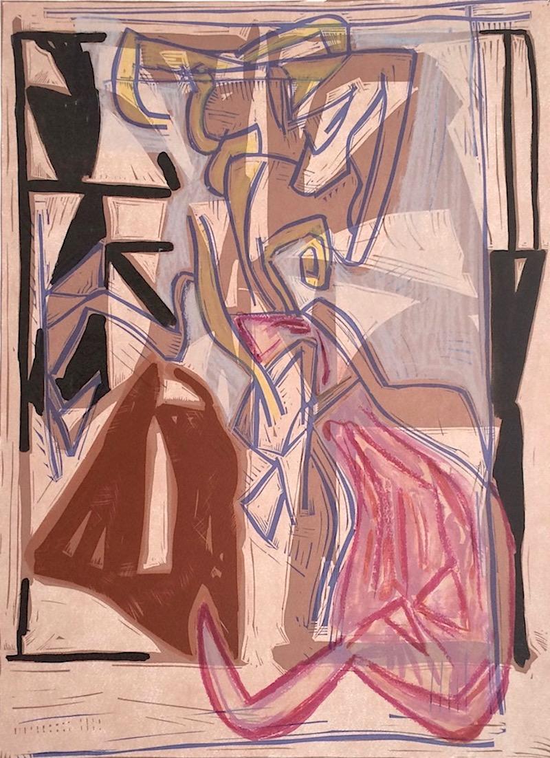 Composition 2: Beige Pink Modernist Abstract, Signed Lithograph Jazzy Shapes - Print by Bruce Porter