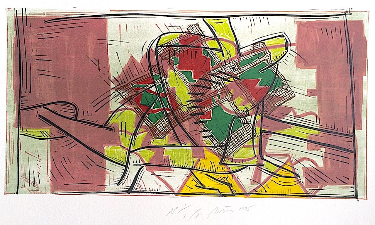 Composition 3: Rose Beige, Yellow, Lime, Signed Color Linocut Modernist Abstract - Print by Bruce Porter
