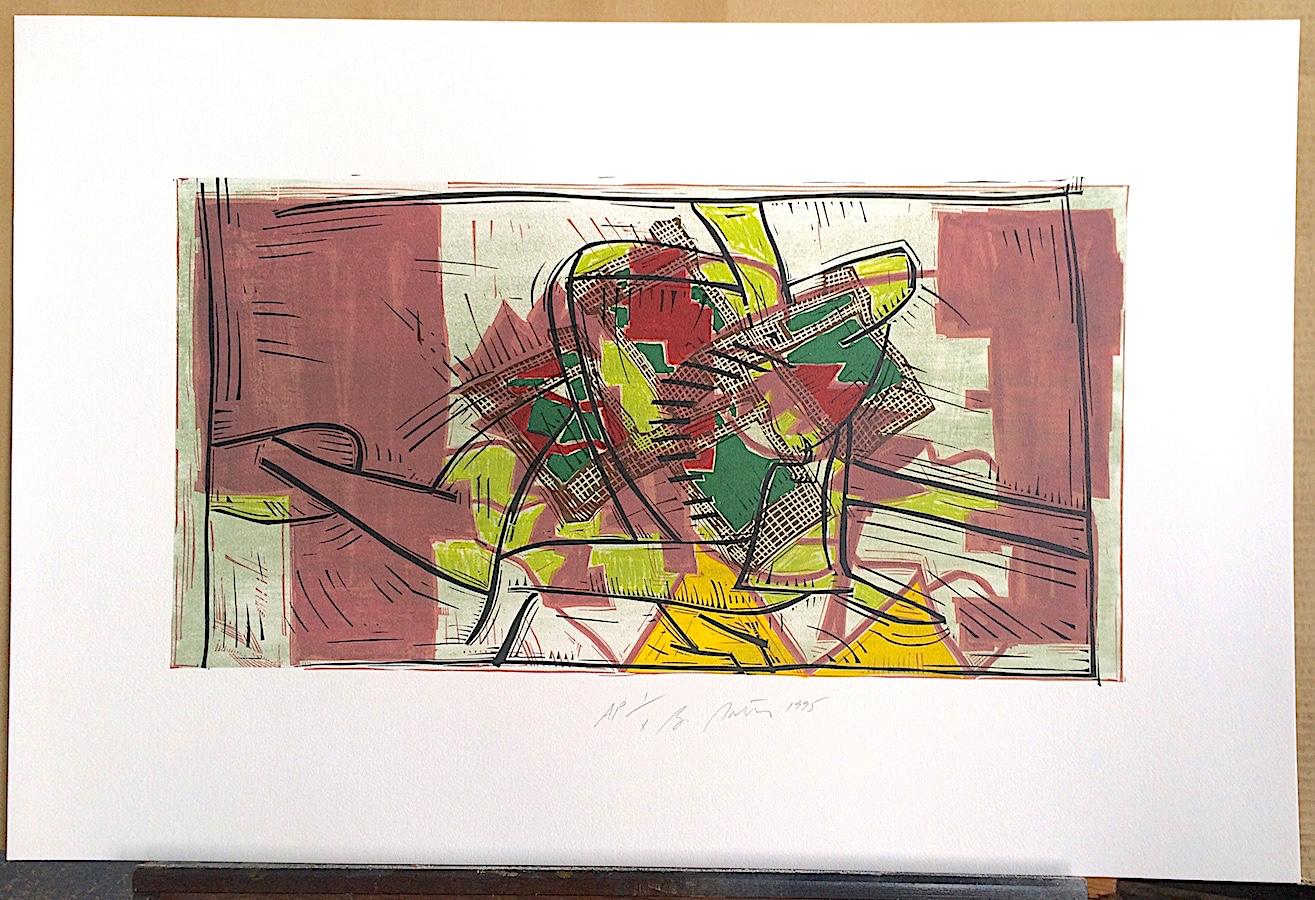 Composition 3: Rose Beige, Yellow, Lime is an original hand drawn color linocut/litho by the New York artist Bruce Porter, printed from hand carved linoleum blocks and hand drawn litho plates using traditional hand lithography and linoleum cut