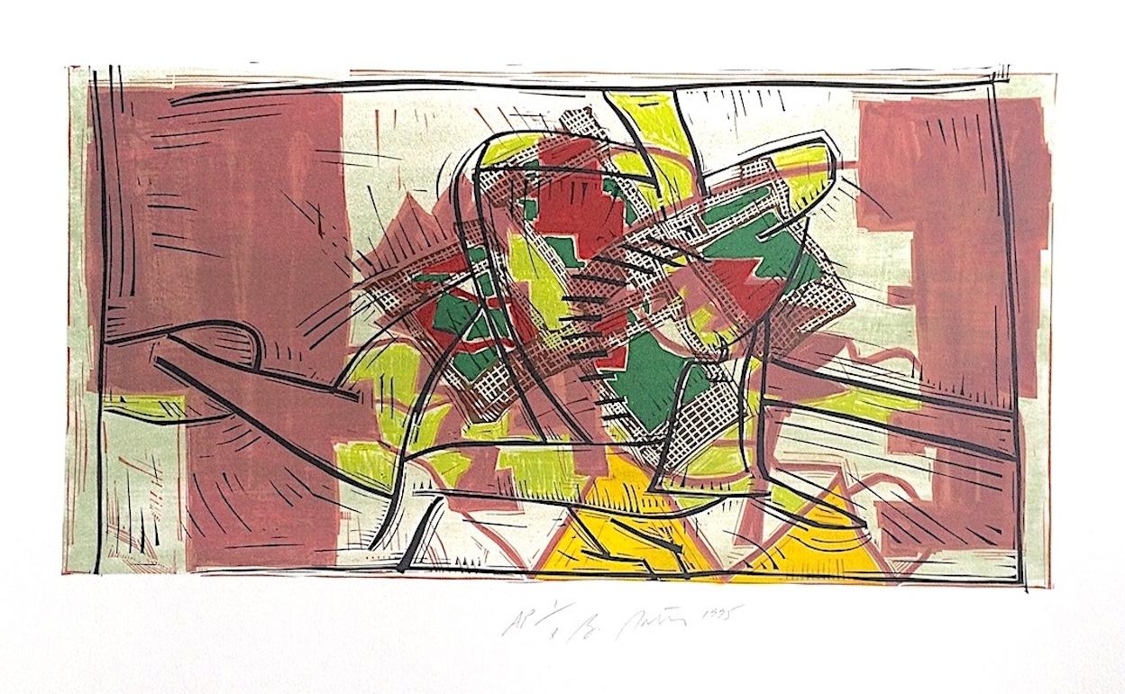 Composition 3: Rose Beige, Yellow, Lime, Signed Color Linocut Modernist Abstract - Print by Bruce Porter